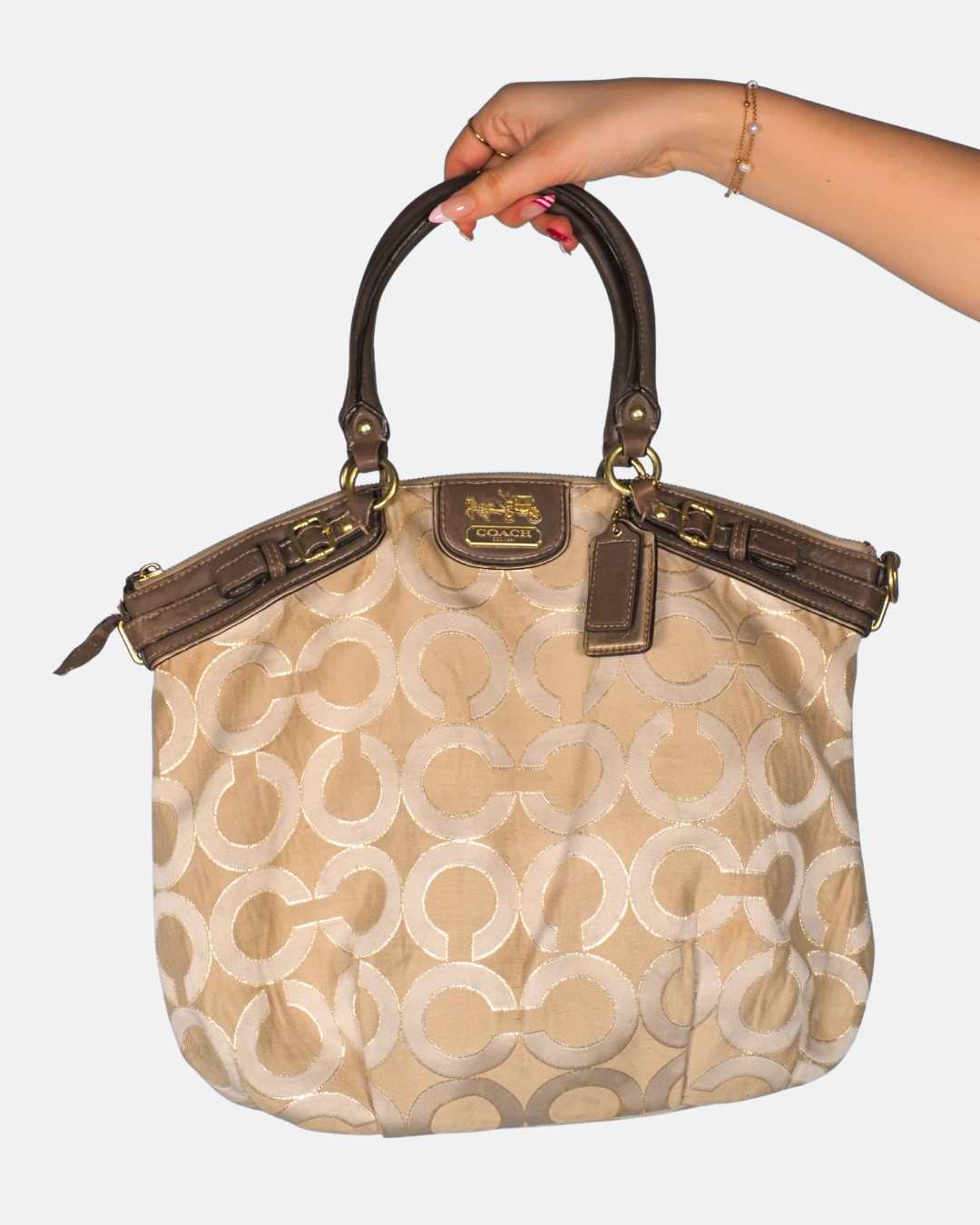 Coach Madison Op Art Sophia Satchel in Champagne & Brown