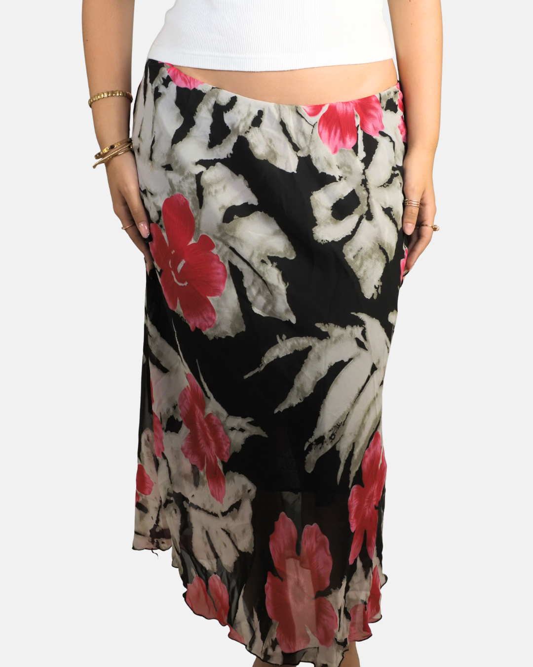 Black & Pink Floral Asymmetric Maxi Skirt - L&S Diffusion