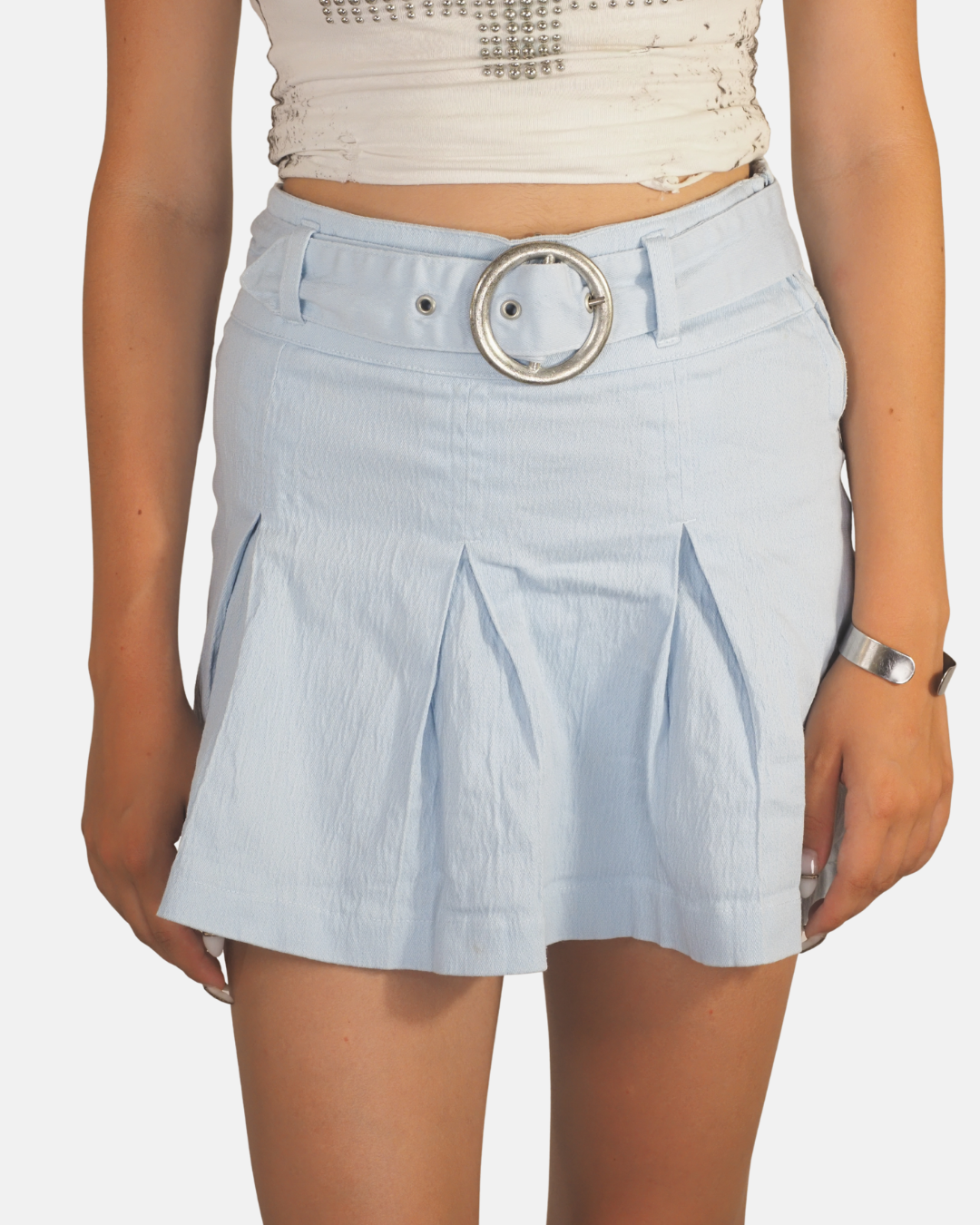 Hot Girl Y2K Baby Blue Pleated Mini Skirt with Belt