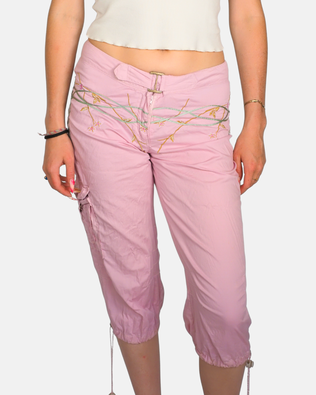 Baby Pink Embroidered Capri Cargo Trousers by Dreamz