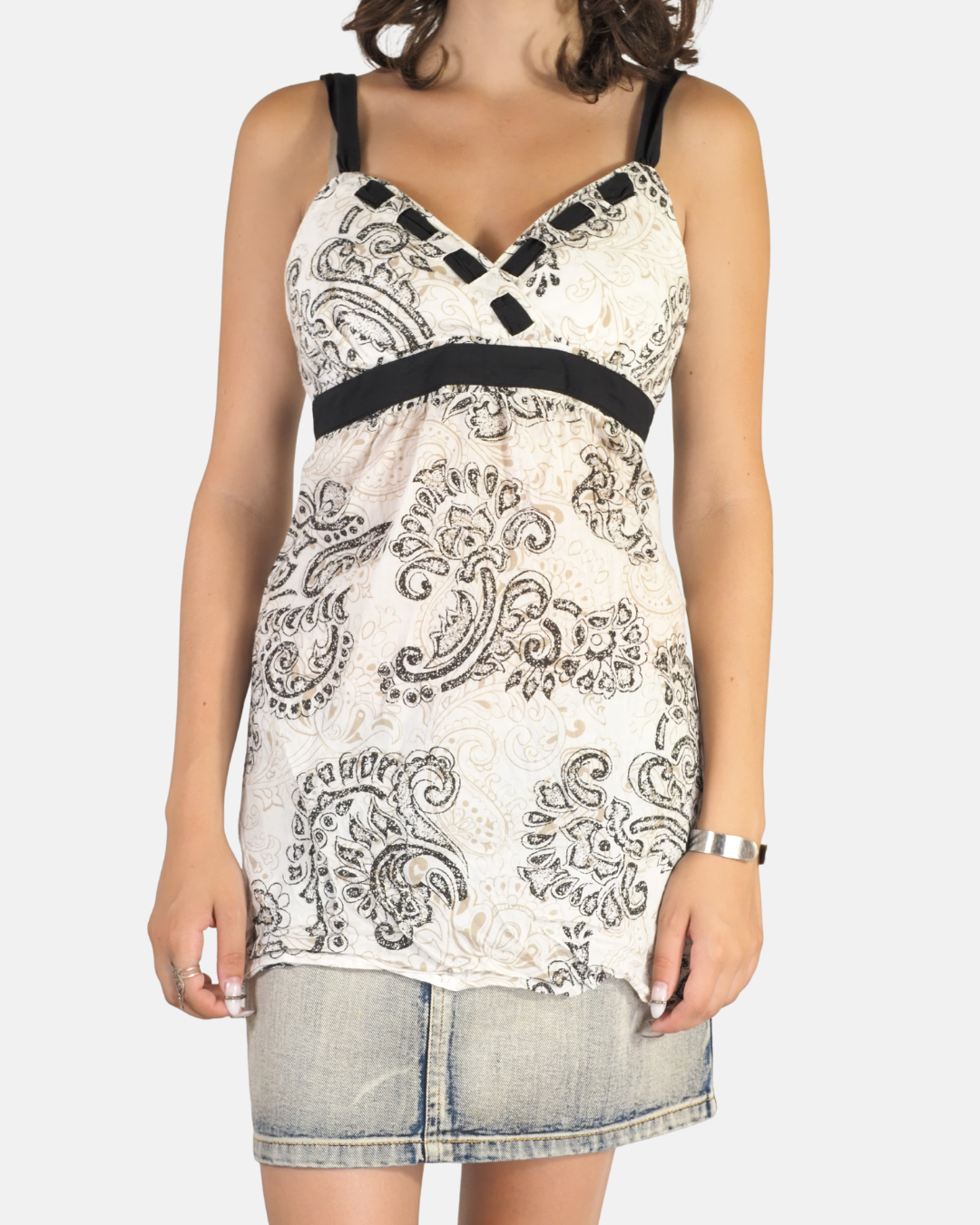 White & Black Paisley Babydoll Top - Promod