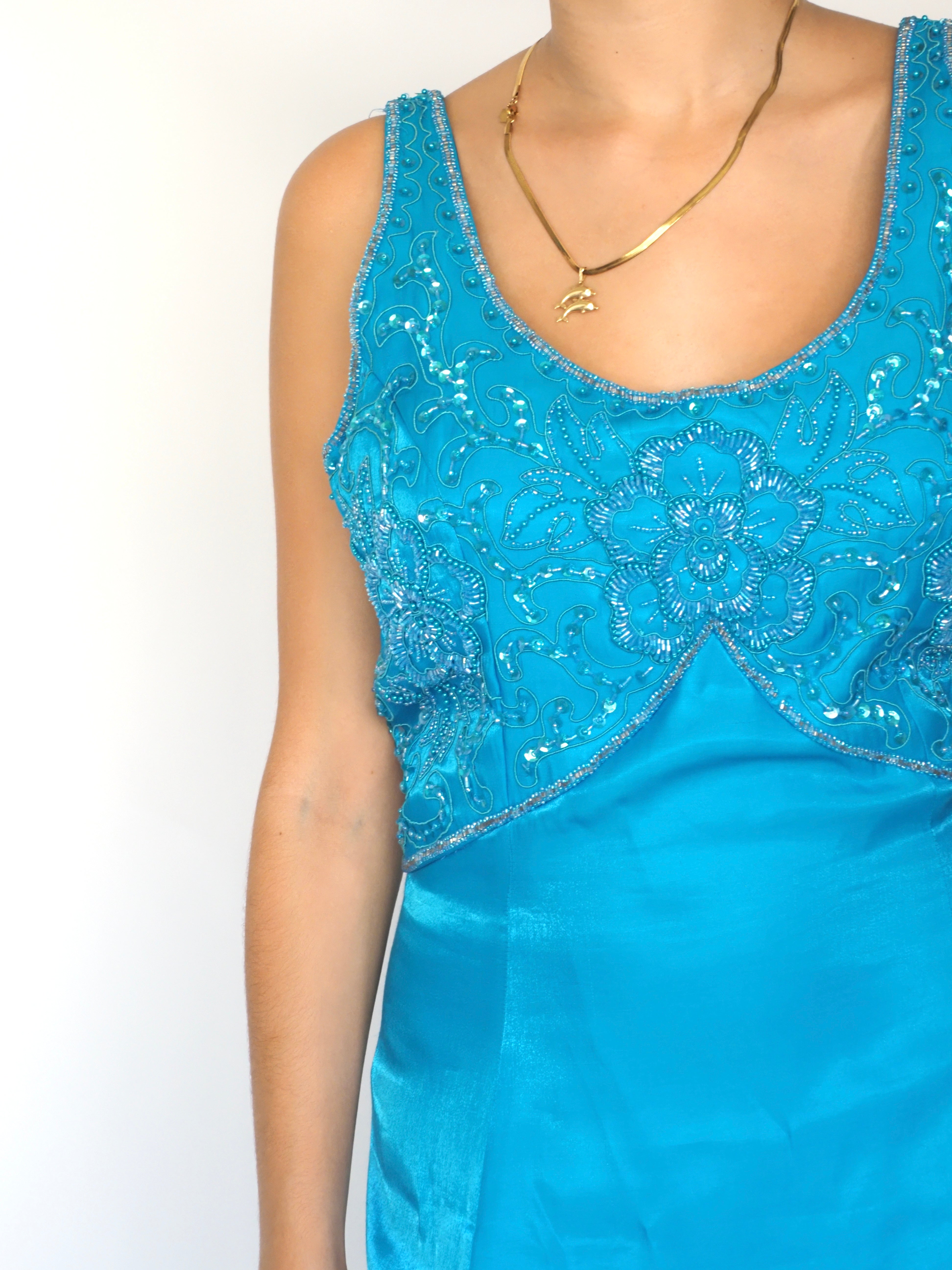 Turquoise Satin Beaded Gown with Floral Bodice