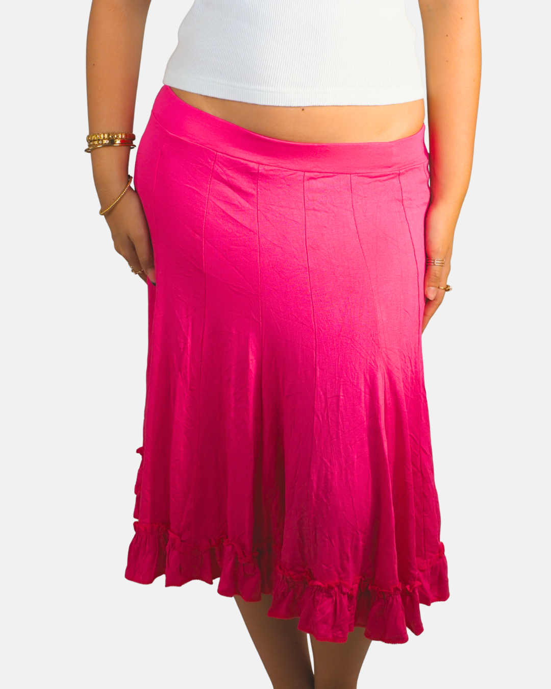 Hot Pink Ruffle Hem Midi Skirt