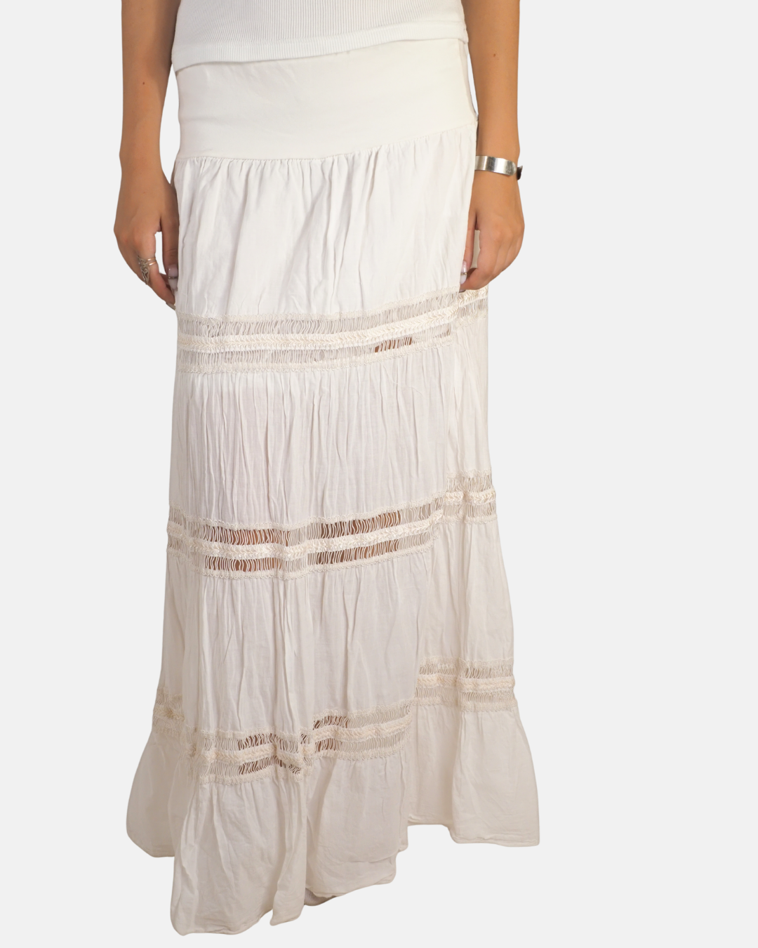 White Tiered Lace Trim Maxi Skirt