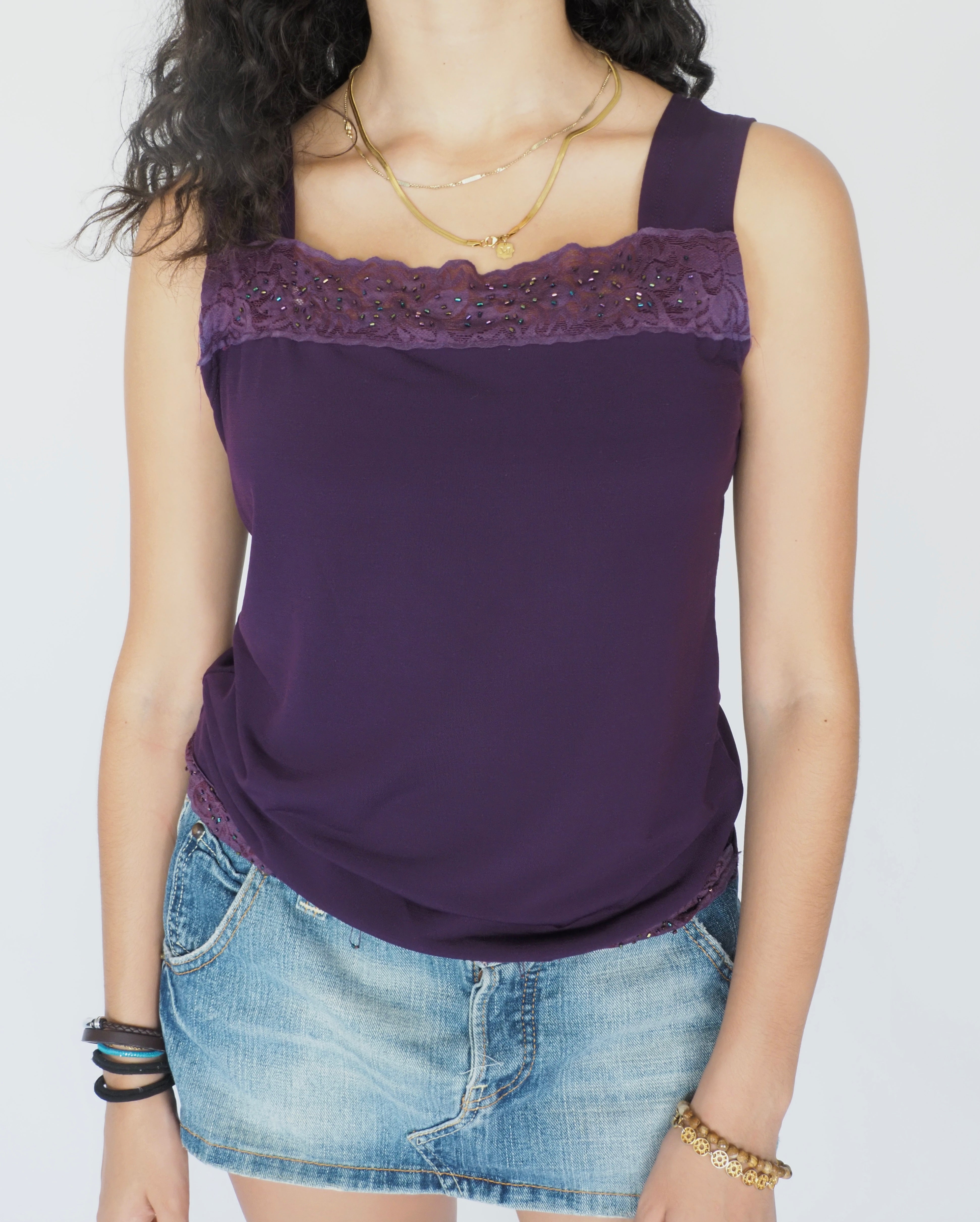 Maccine Purple Beaded Lace-Trim Tank Top