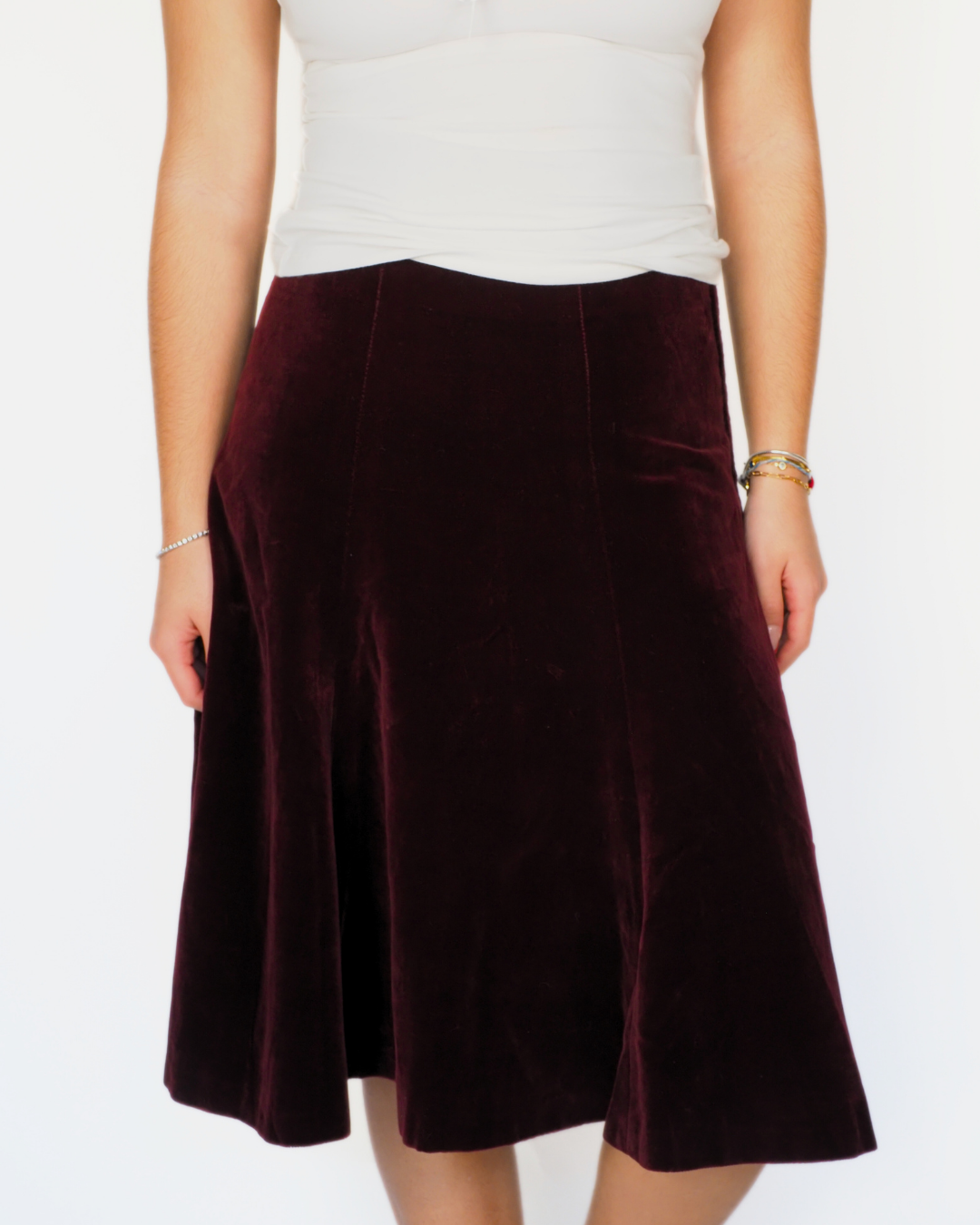 Burgundy Velvet Flared Midi Skirt