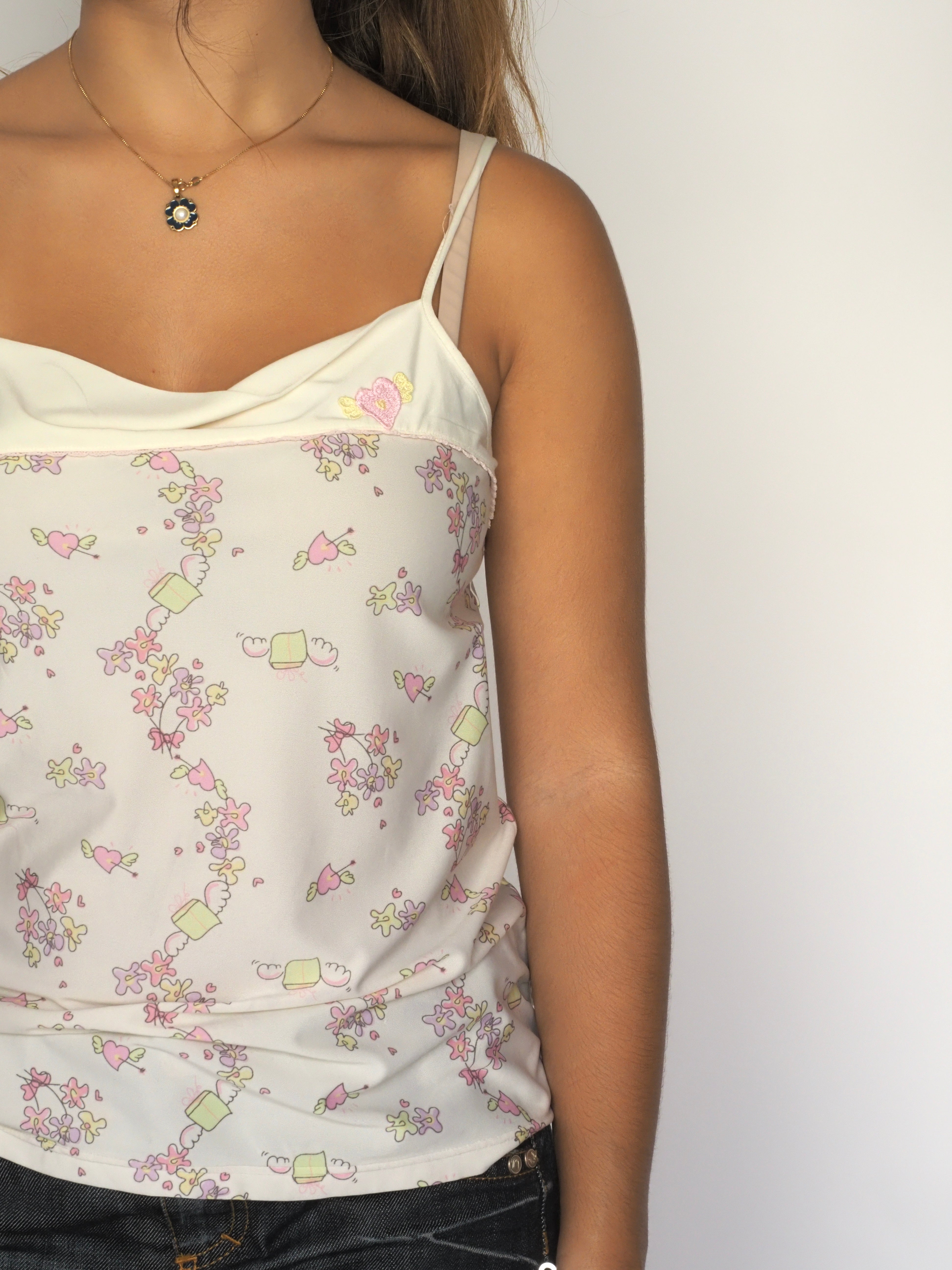 Pastel Floral and Teacup Print Cowl Neck Camisole