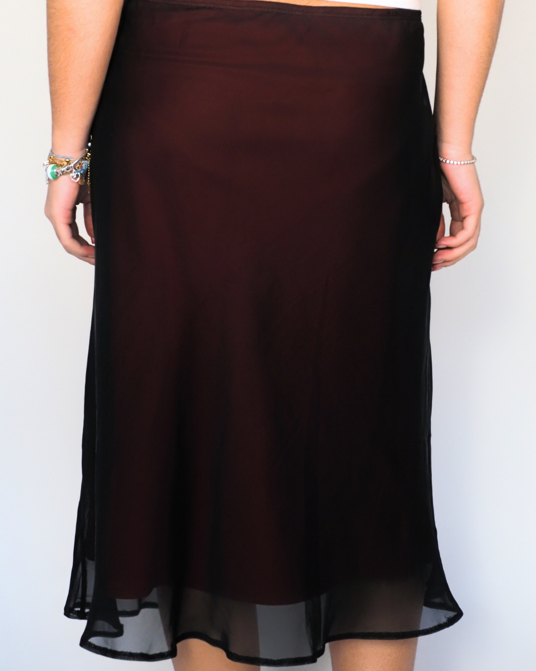 Burgundy Sheer Hem Midi Skirt – New Look (Vintage)