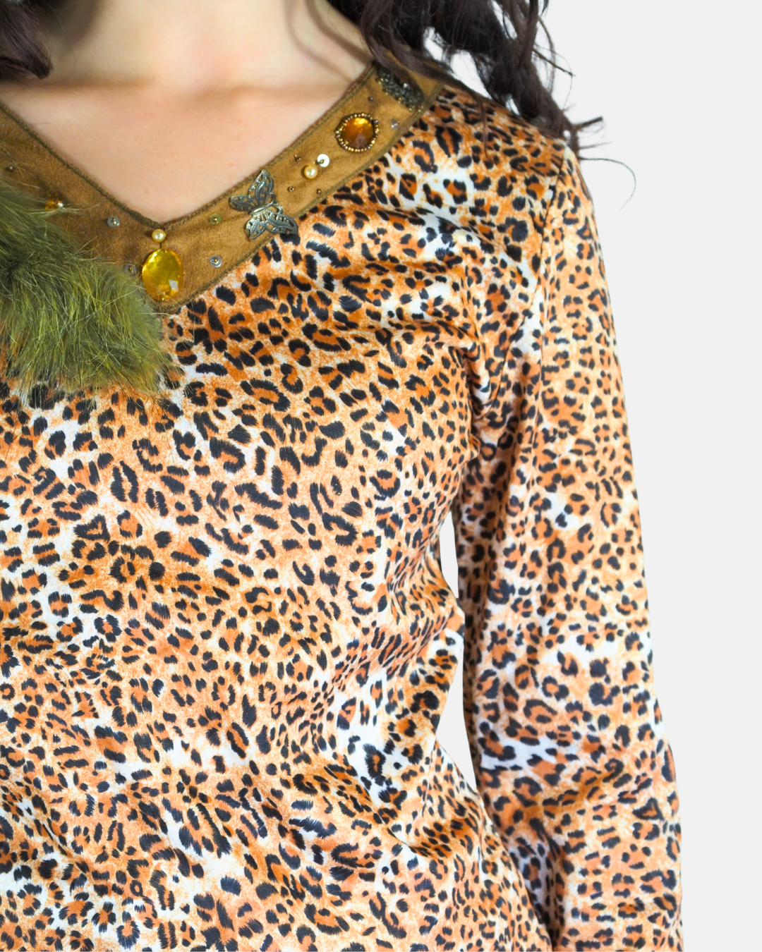 Leopard Print Faux Fur Trim Top - Xasi