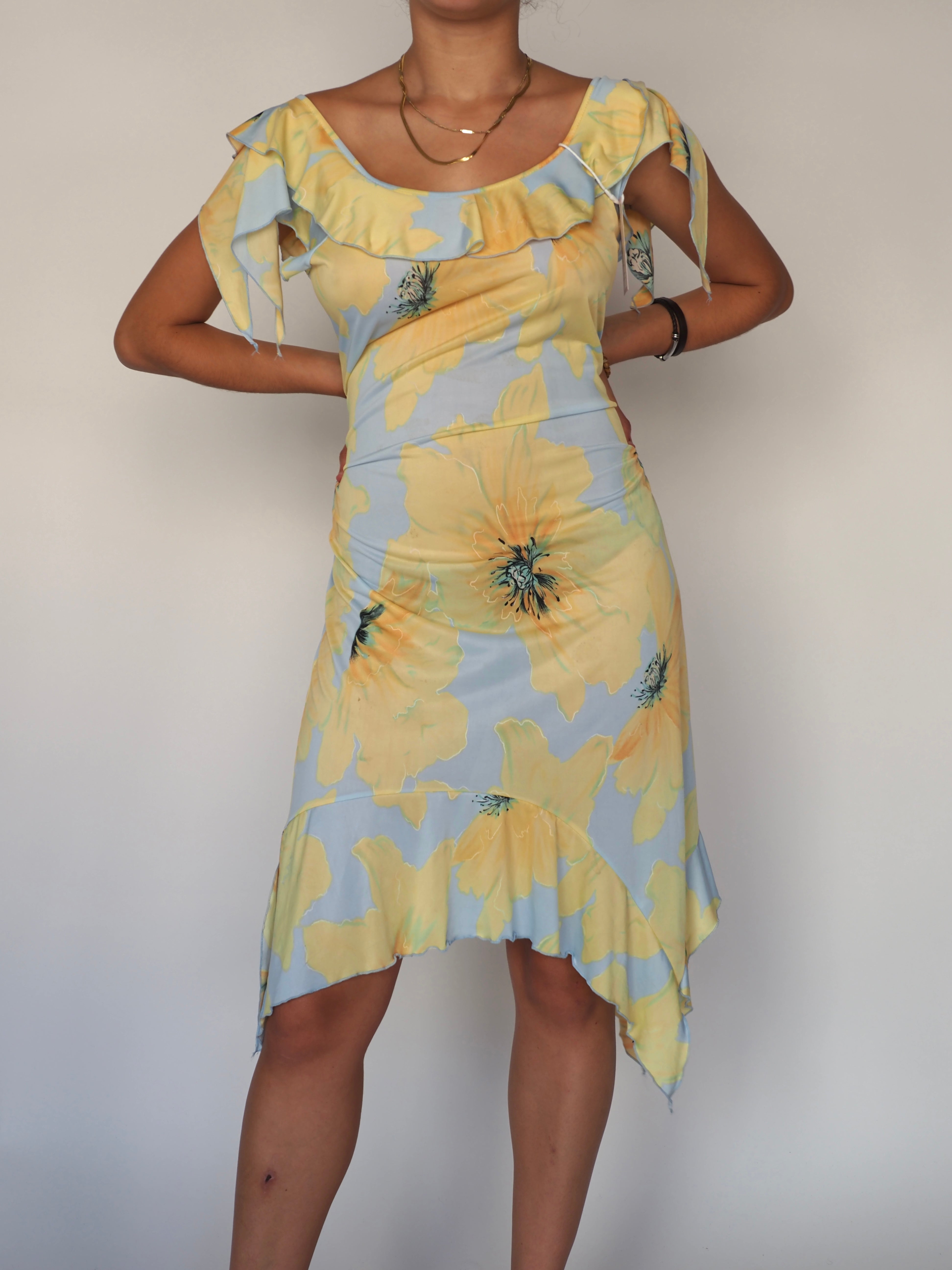 Azure Blossom” Ruffle-Shoulder Asymmetric-Hem Midi