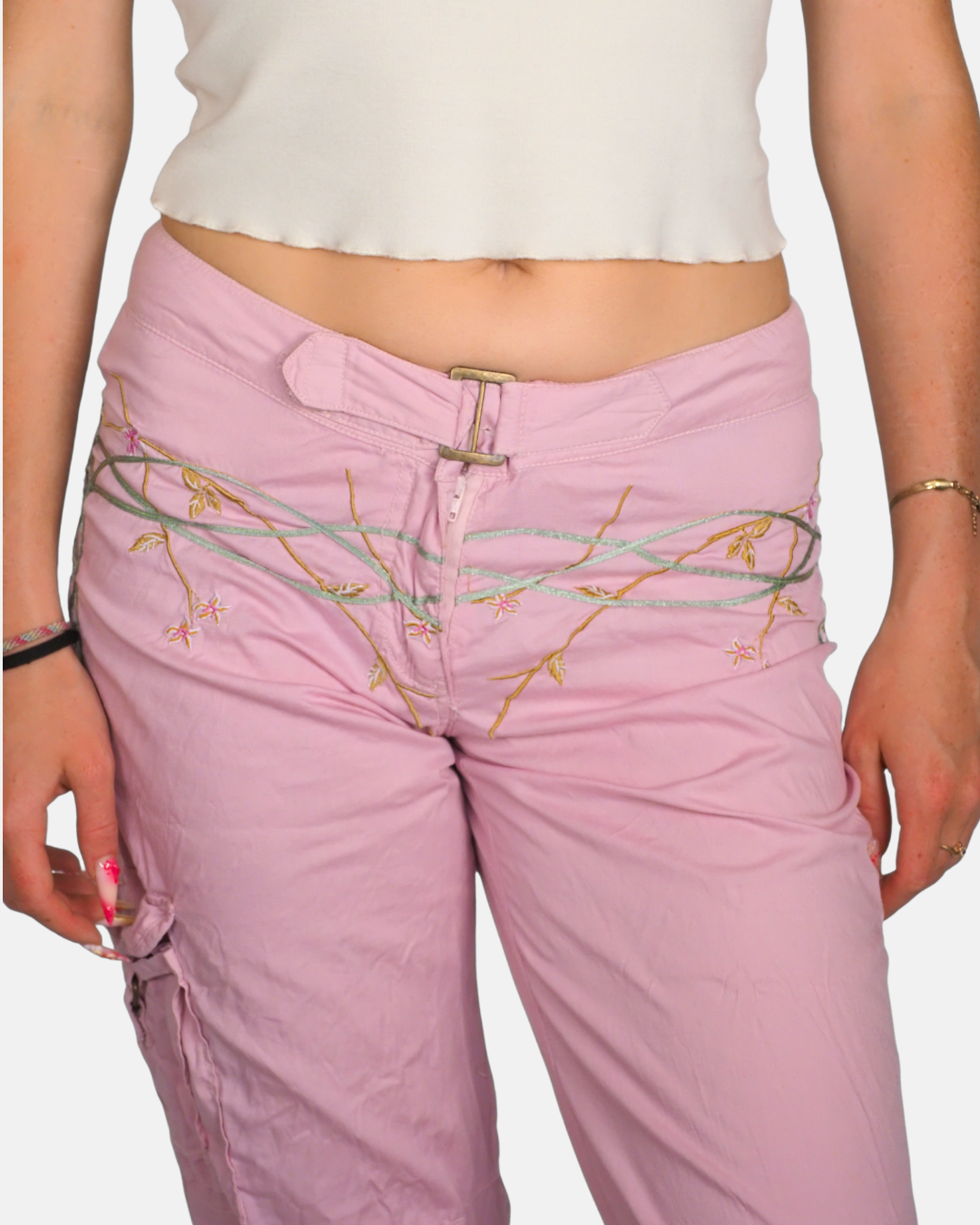Baby Pink Embroidered Capri Cargo Trousers by Dreamz