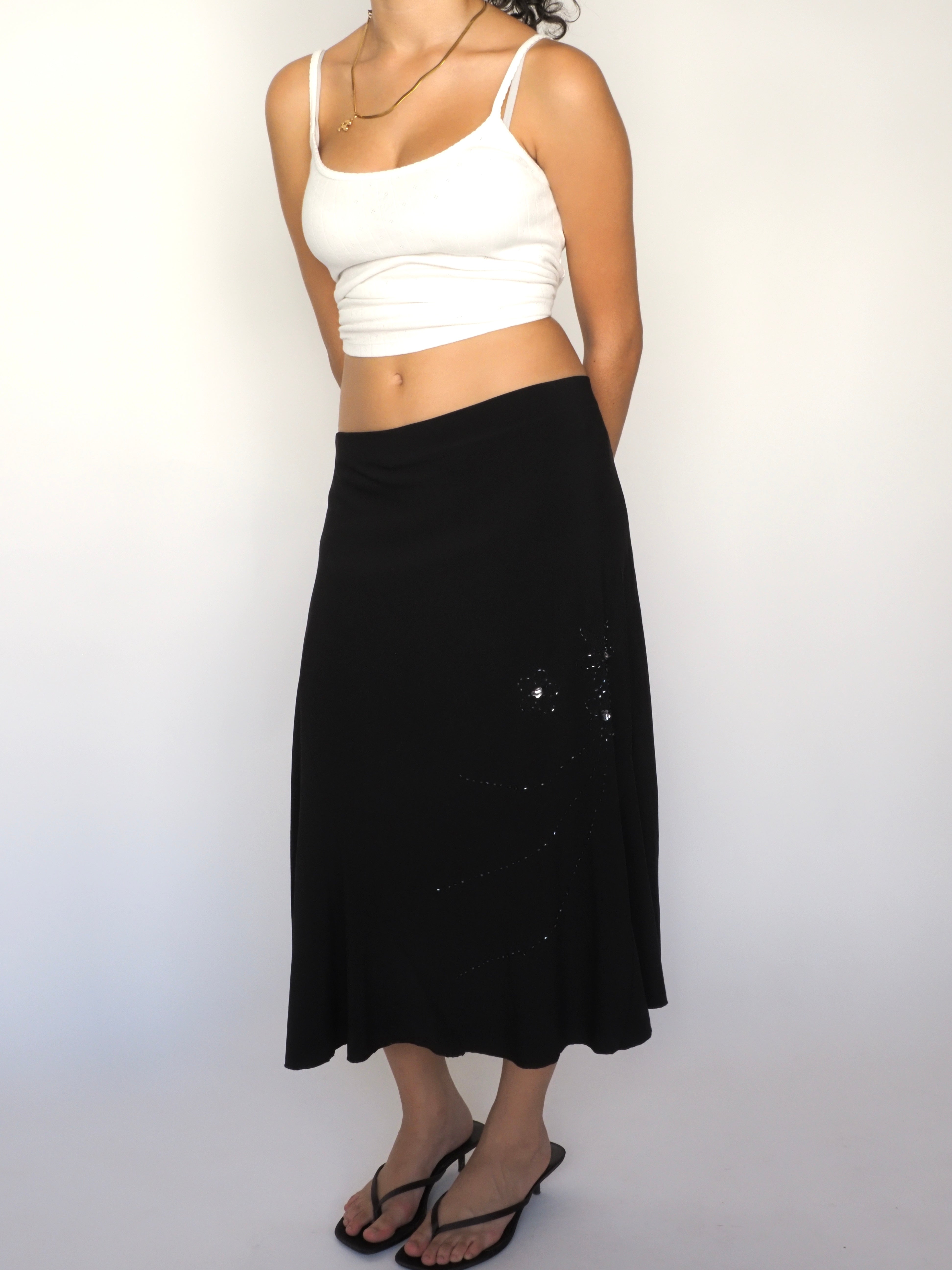 Black Sequin-Detail Flared Midi Skirt – Aoma