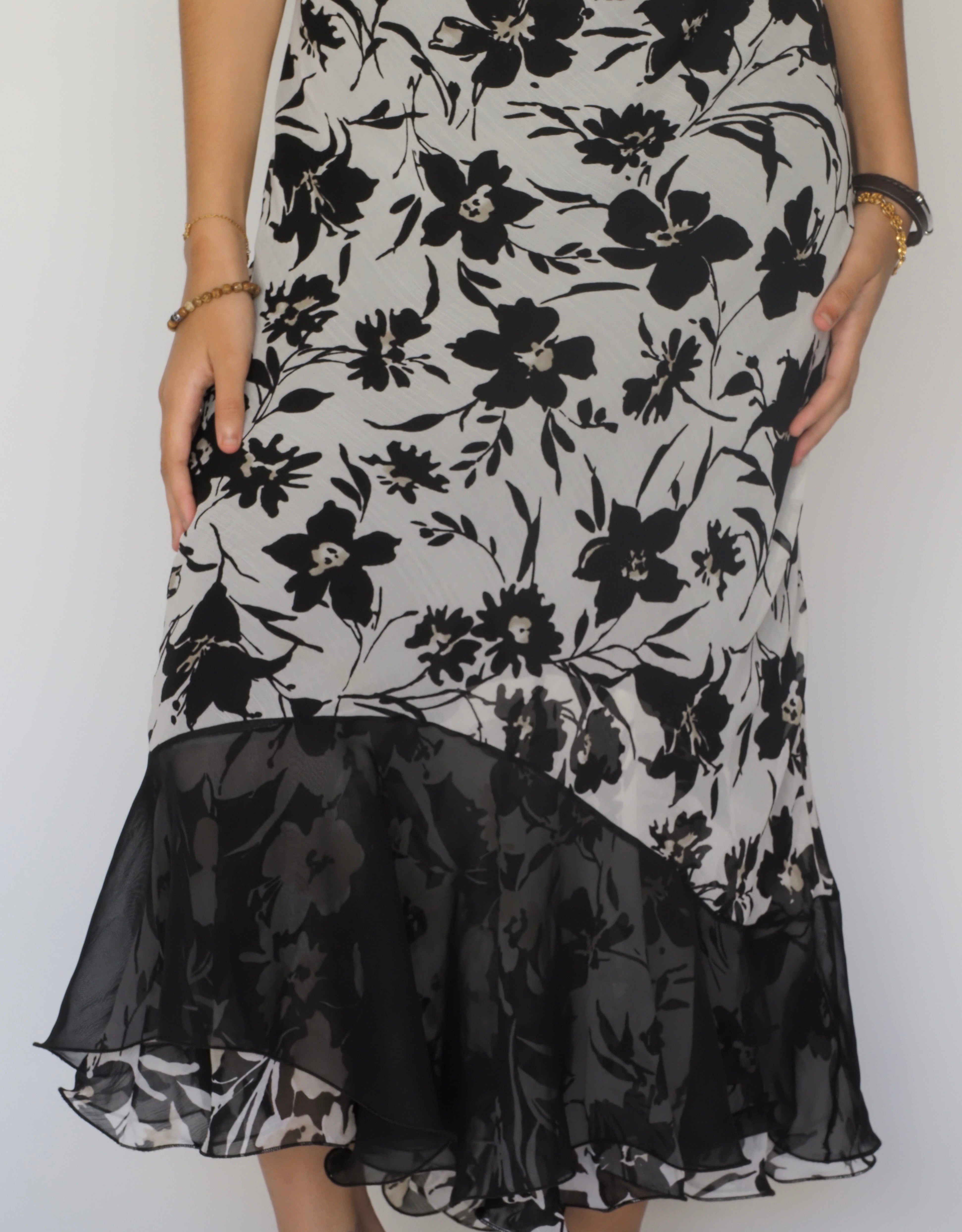 Monochrome Floral Ruffle-Hem Midi Dress