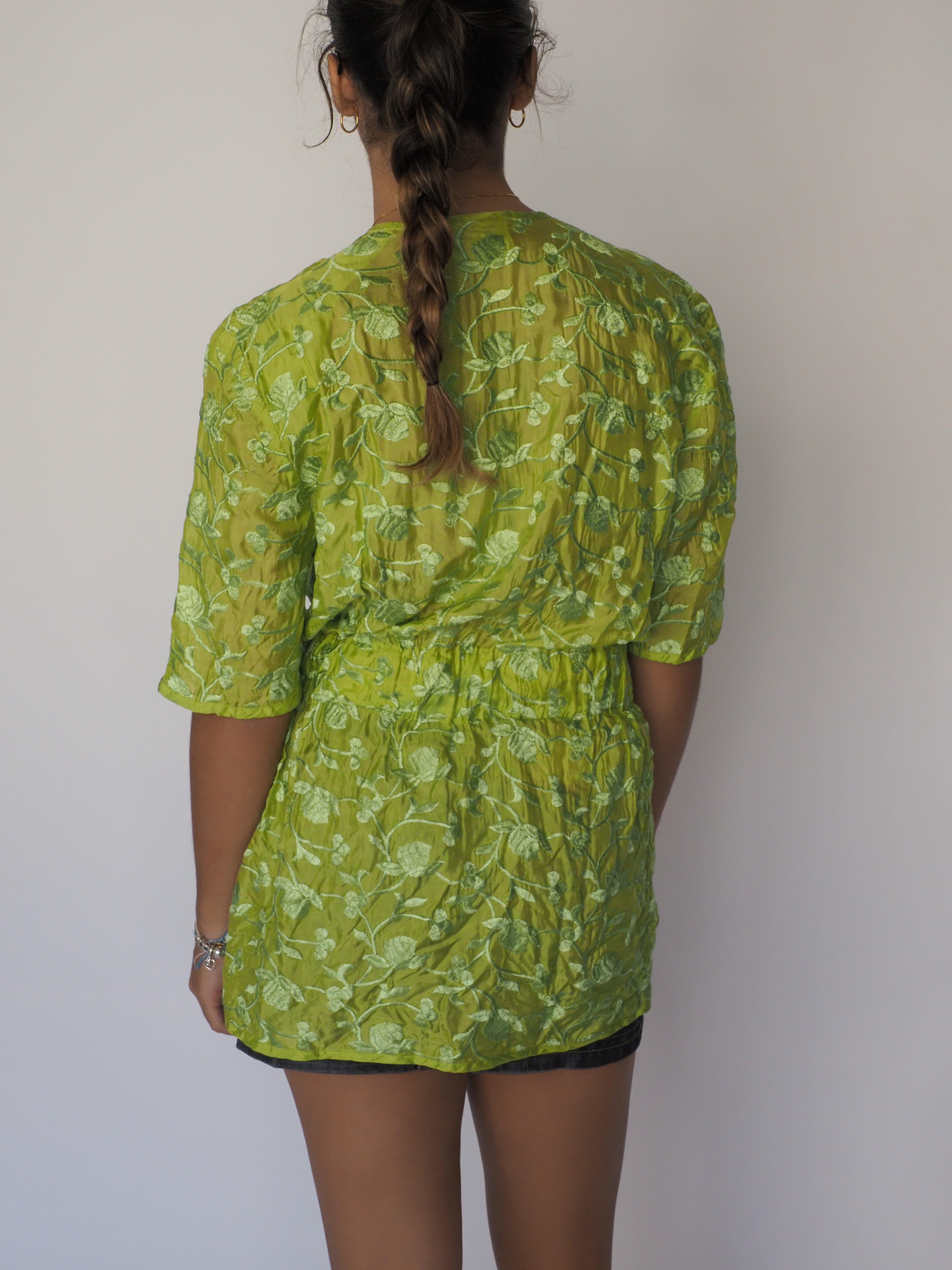 Talìa Millarca Lime Green Floral Embroidered Crinkle Blouse