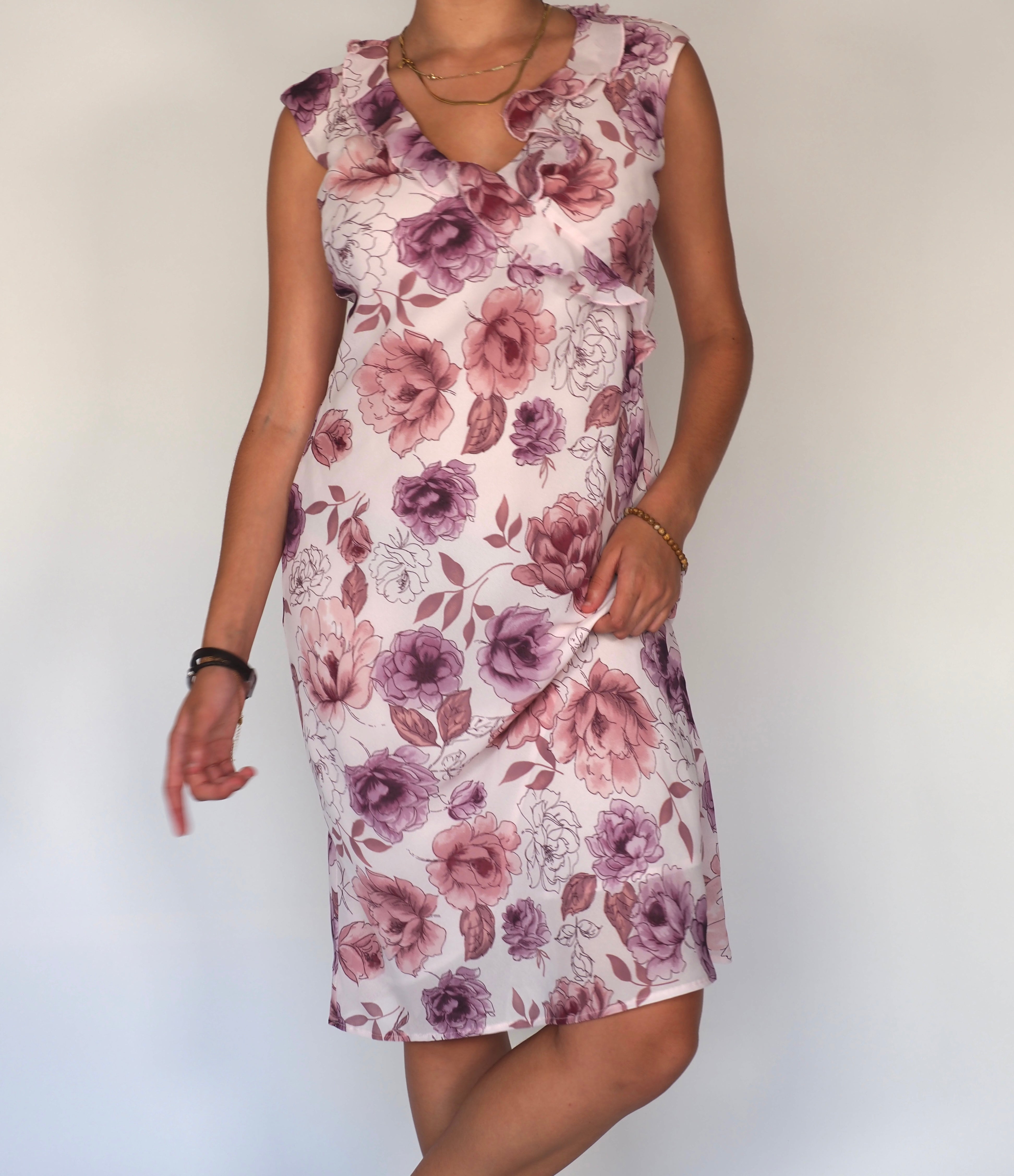 Florence + Fred Pink Floral Chiffon Mini Dress with Ruffle Neckline
