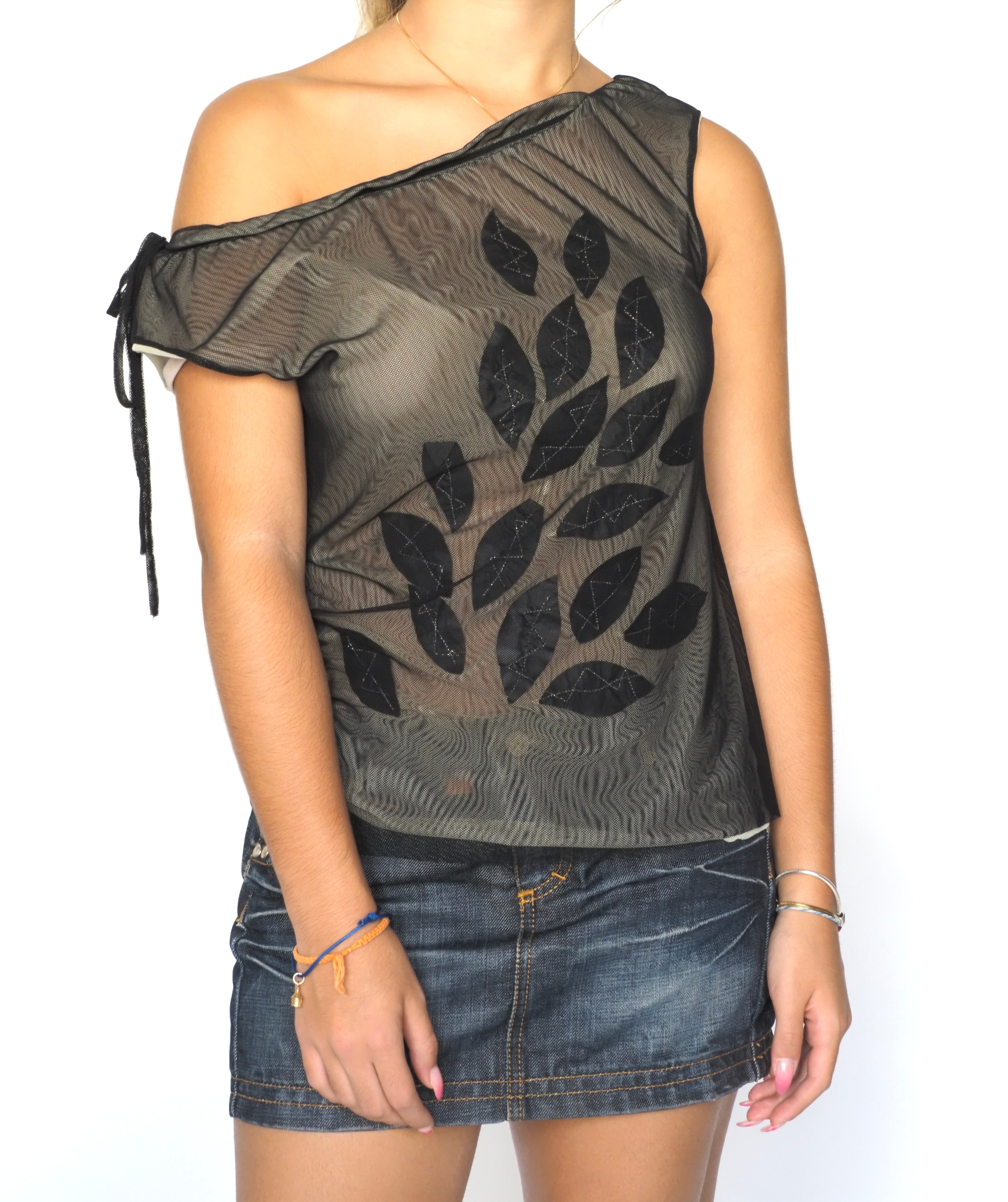 Black Sheer One-Shoulder Leaf Appliqué Top – Adolfo Dominguez