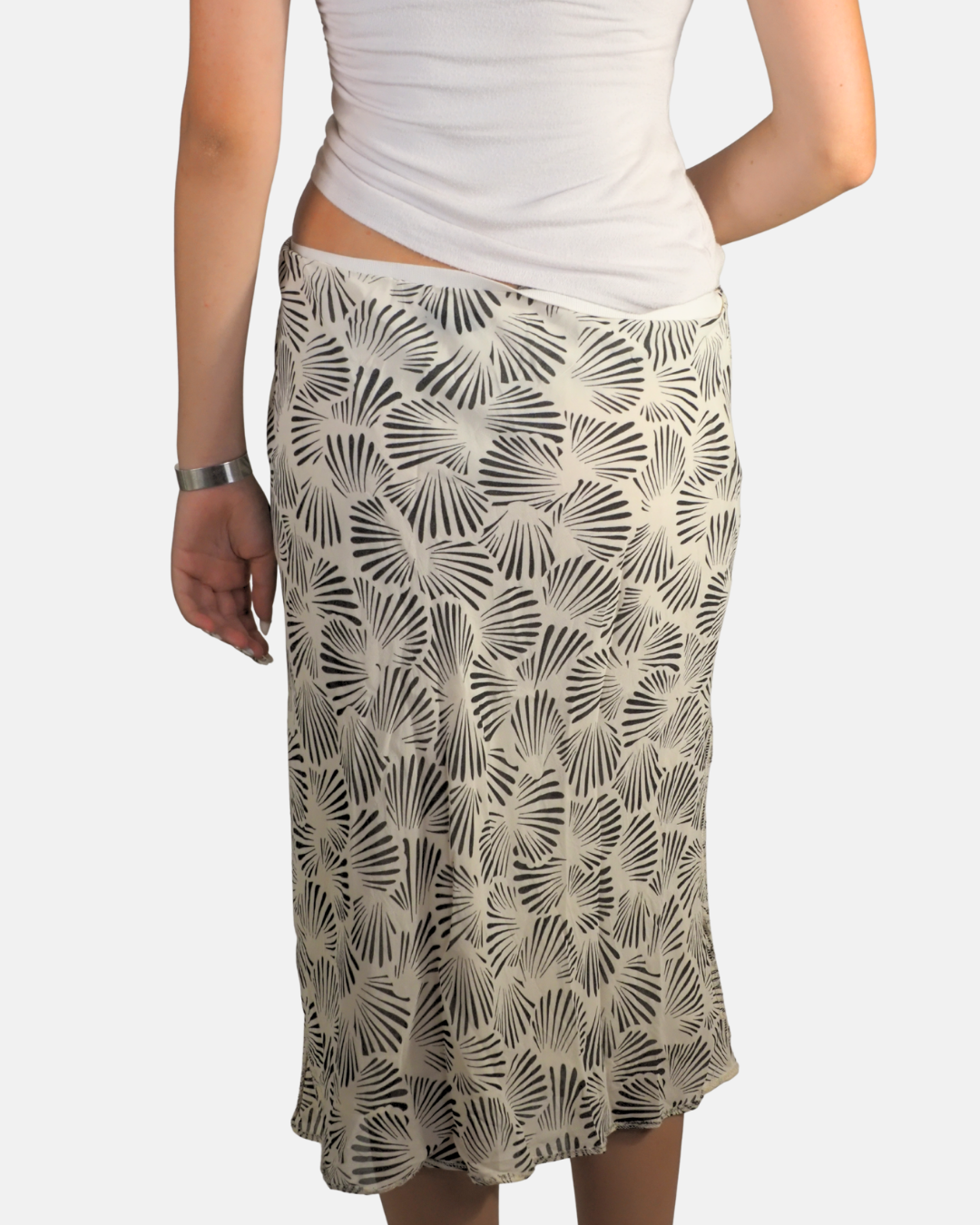 Eggshell White and Black Abstract Print Midi Skirt