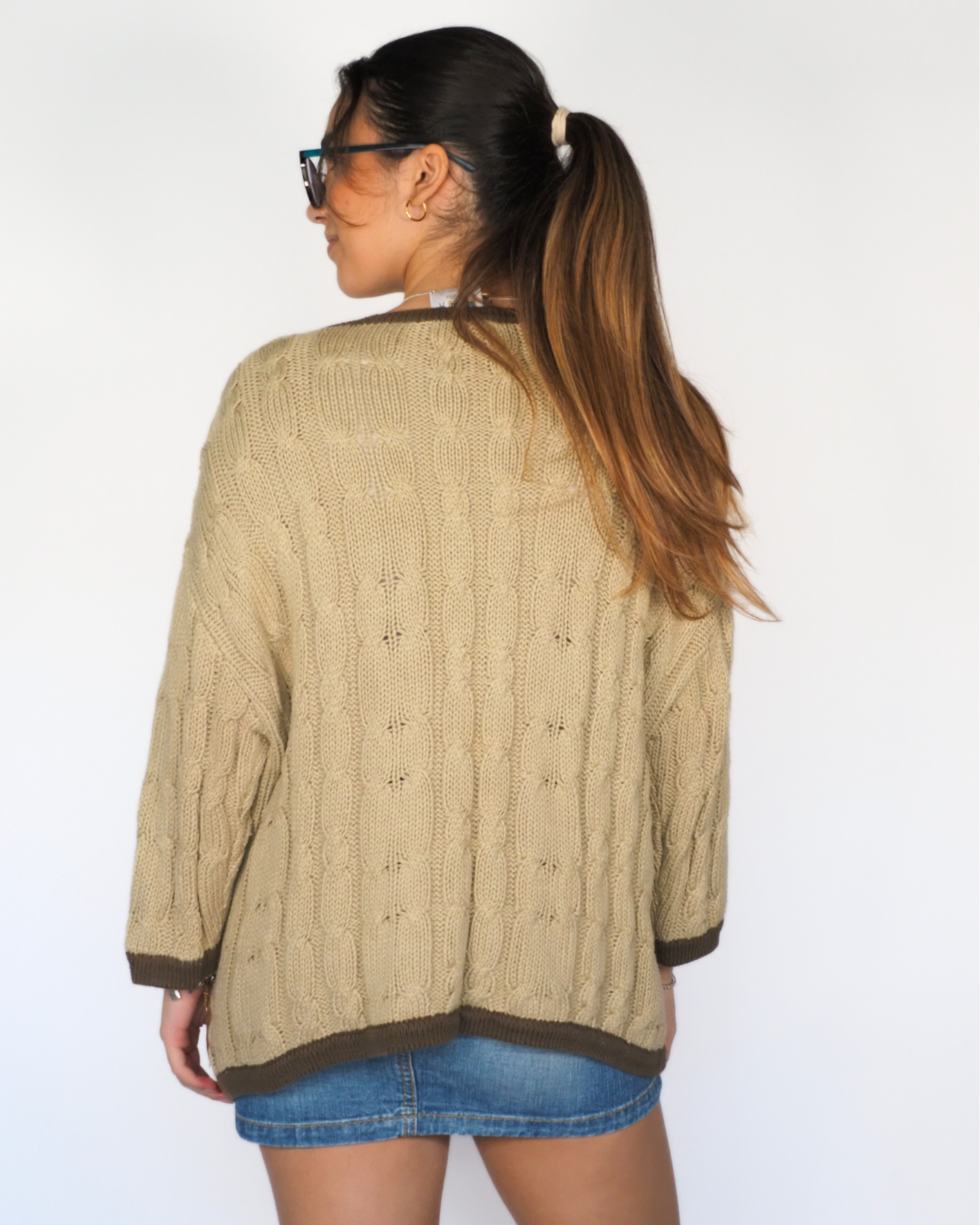 Vintage Daisy Knit Cotton Cardigan in Olive & Brown