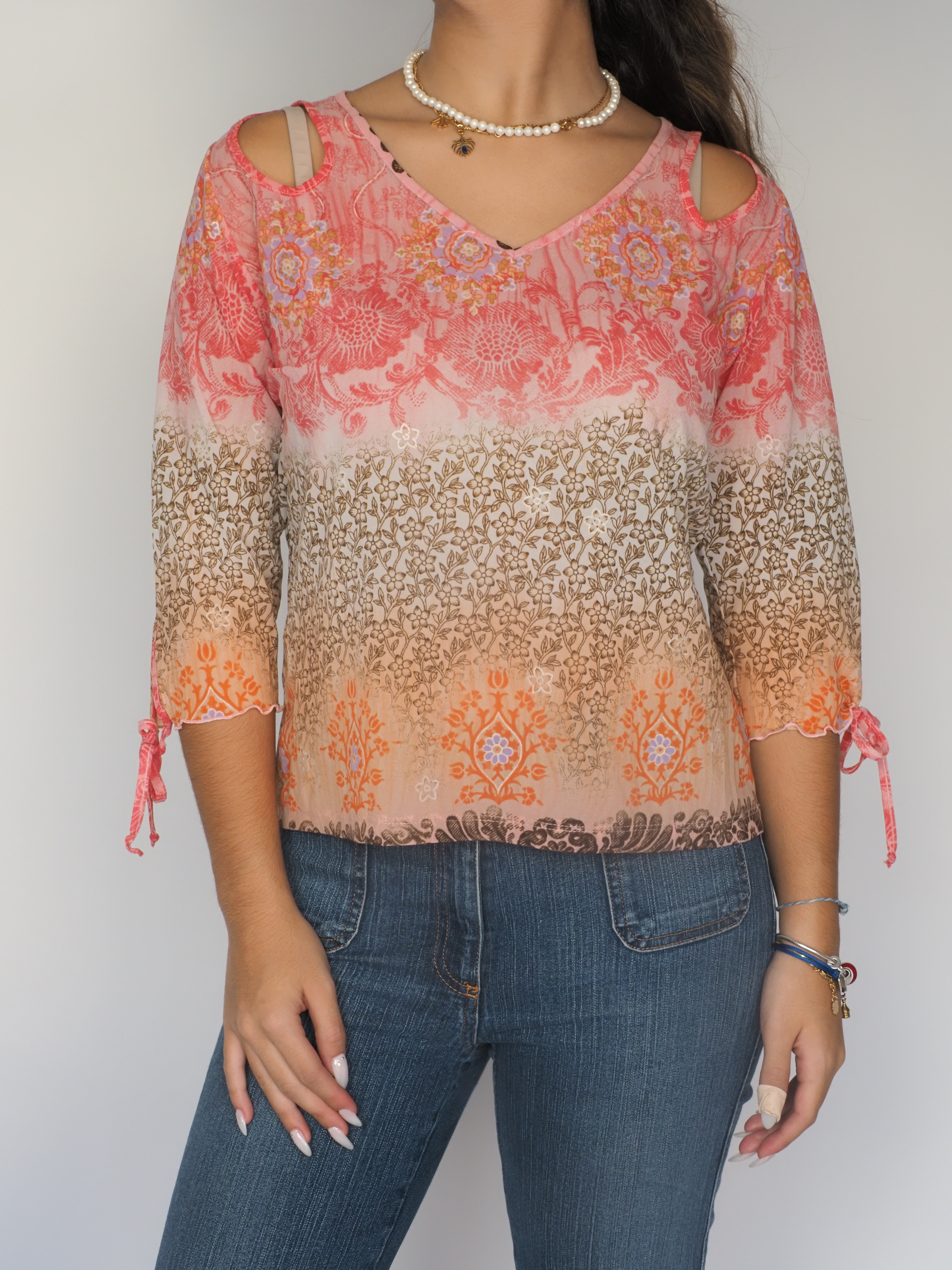 Dori Young – Pink & Orange Boho Cold Shoulder Blouse