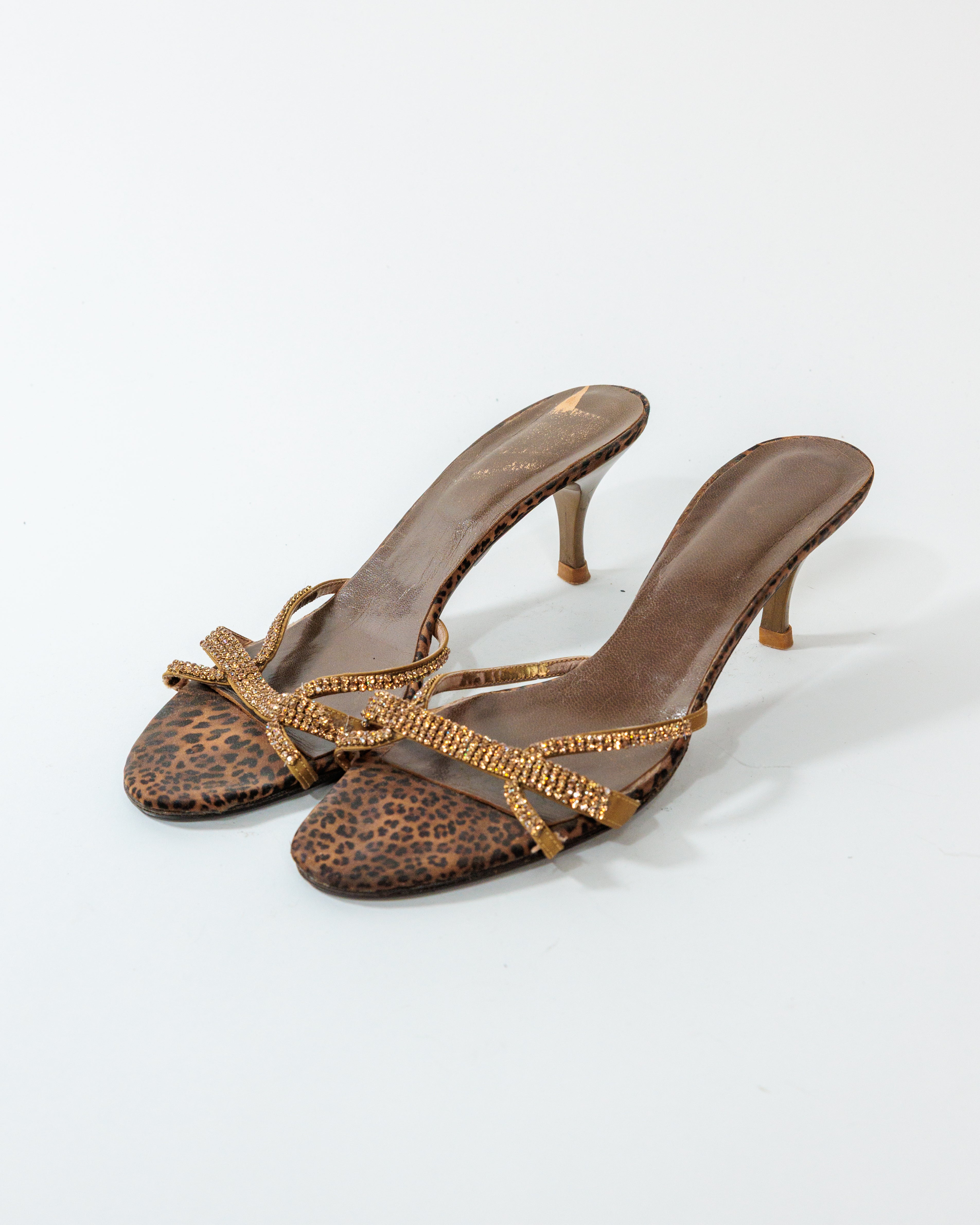 Leopard Rhinestone Kitten Heel Mules