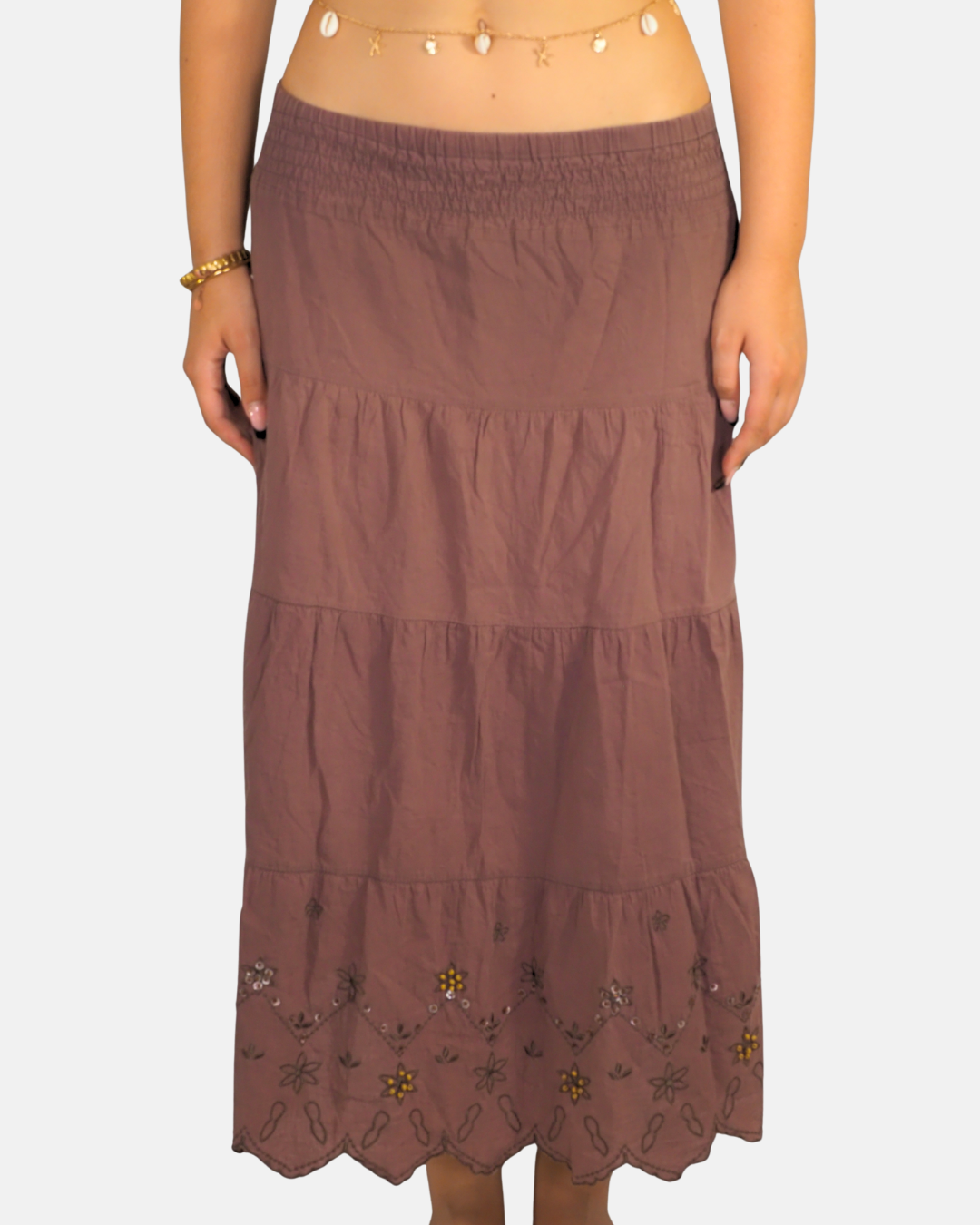 Brown Embroidered Tiered Midi Skirt