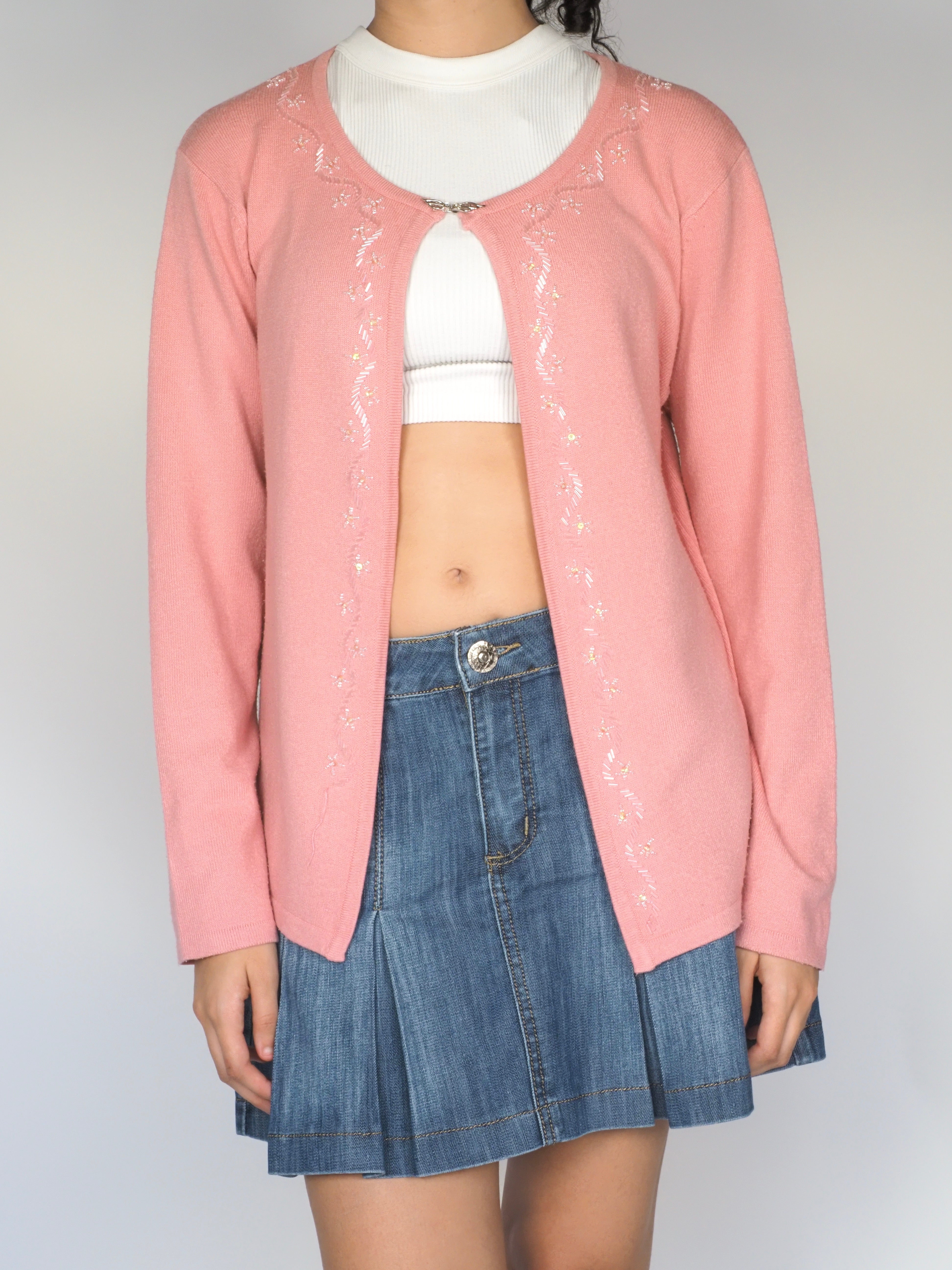 Baby Pink Embroidered Knit Cardigan