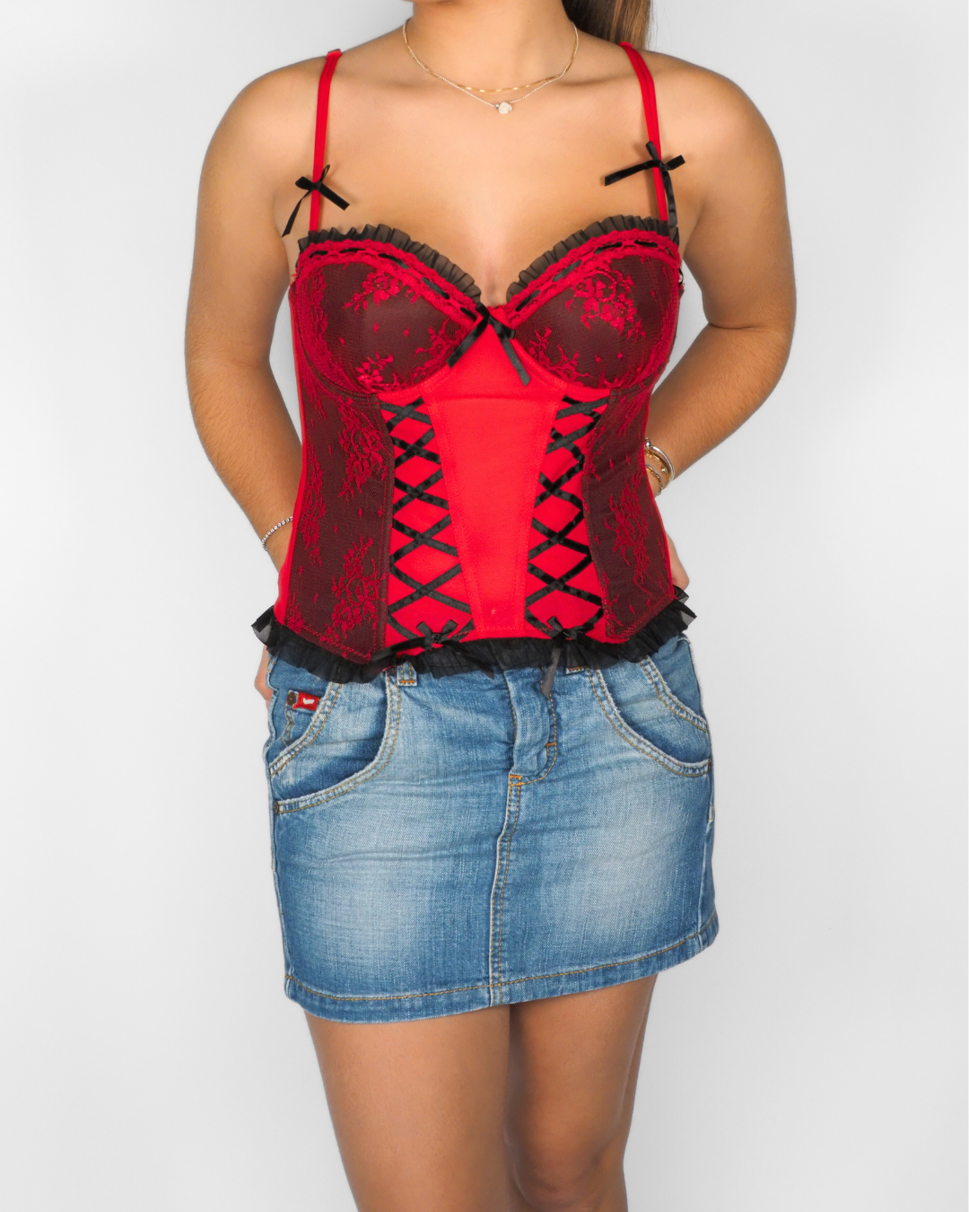 Red & Black Lace Boned Corset Bustier Top