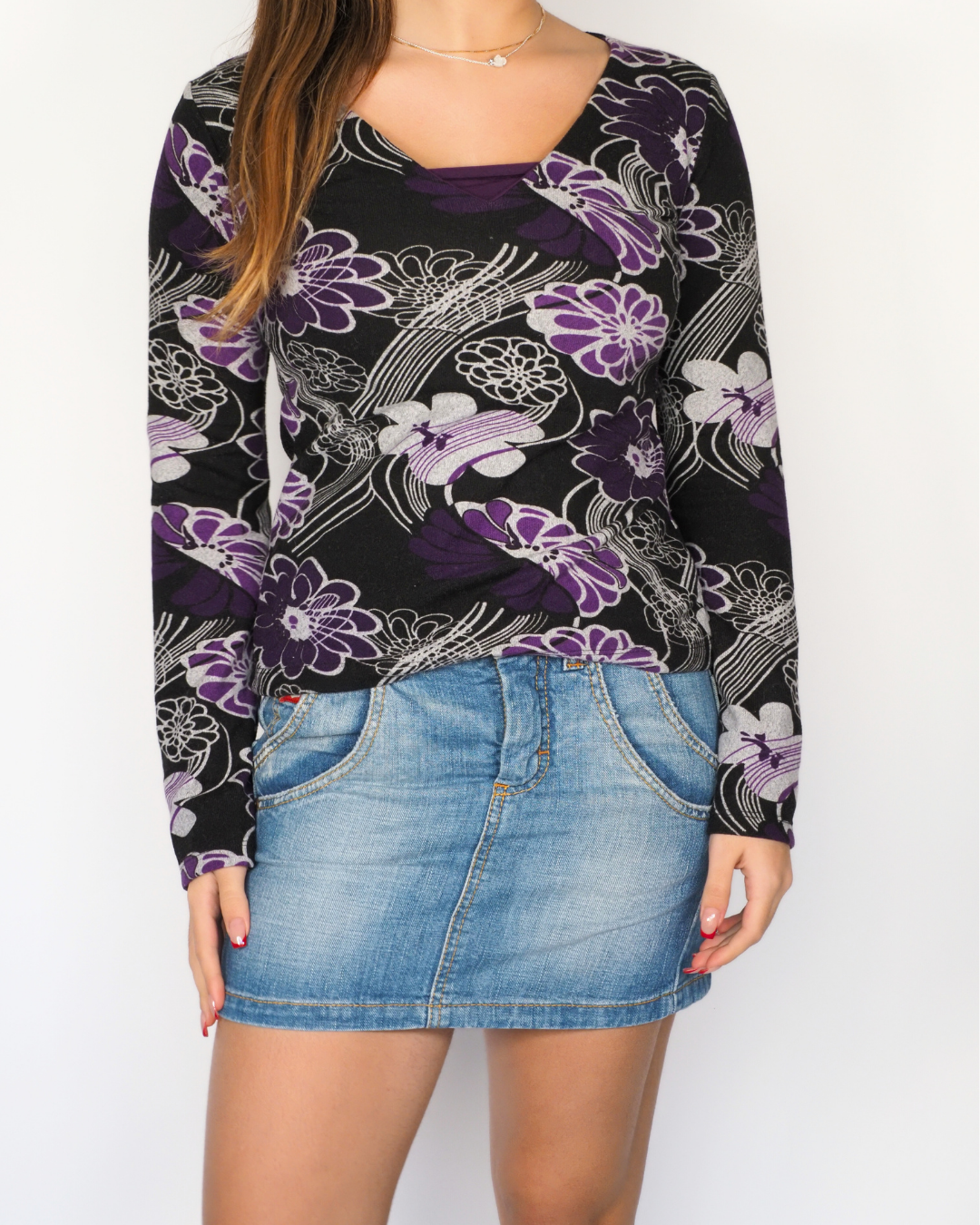 Purple Floral Y2K Long Sleeve Stretch Top