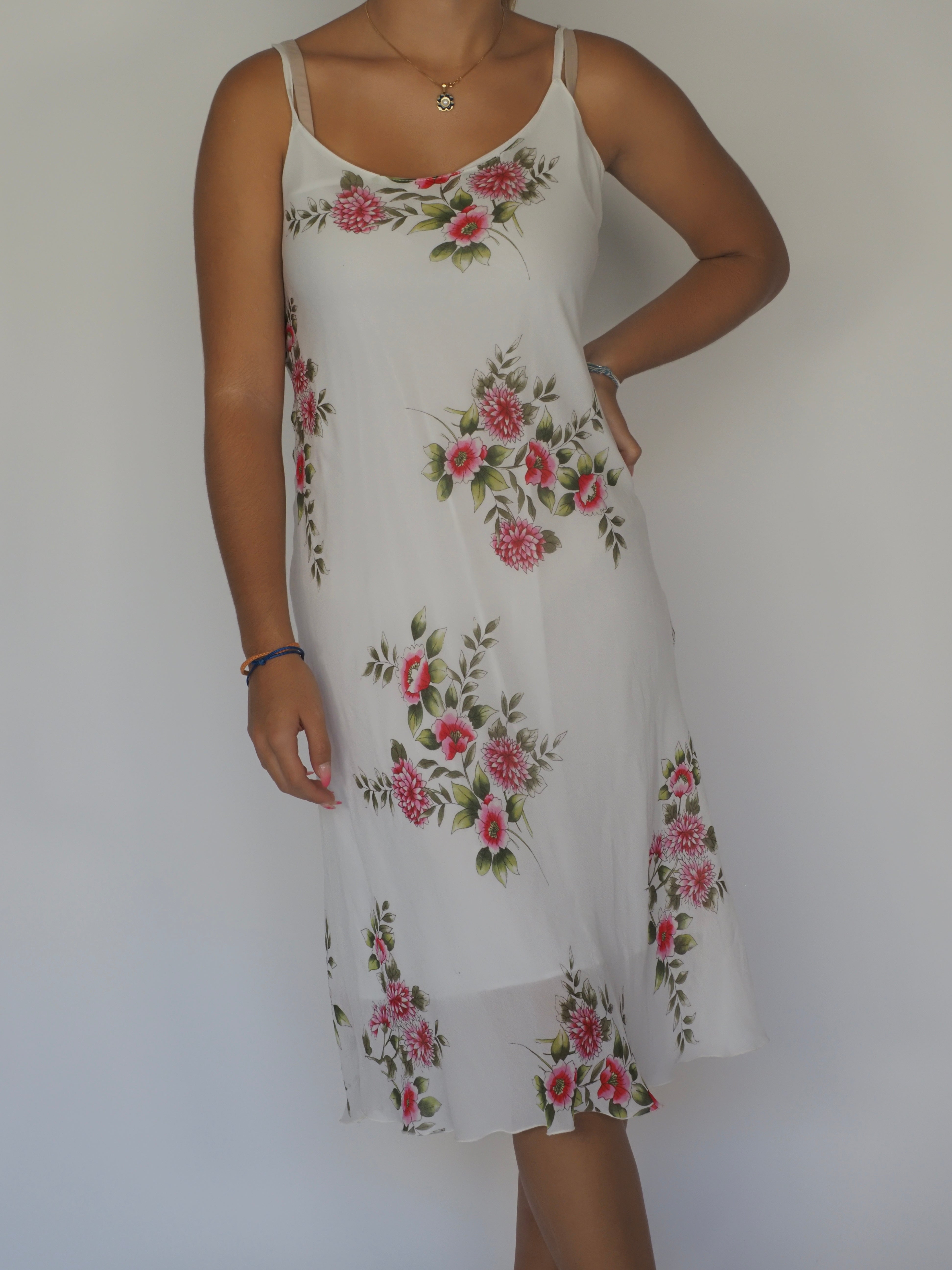 White Floral Chiffon Slip Dress with Pink Rose Print