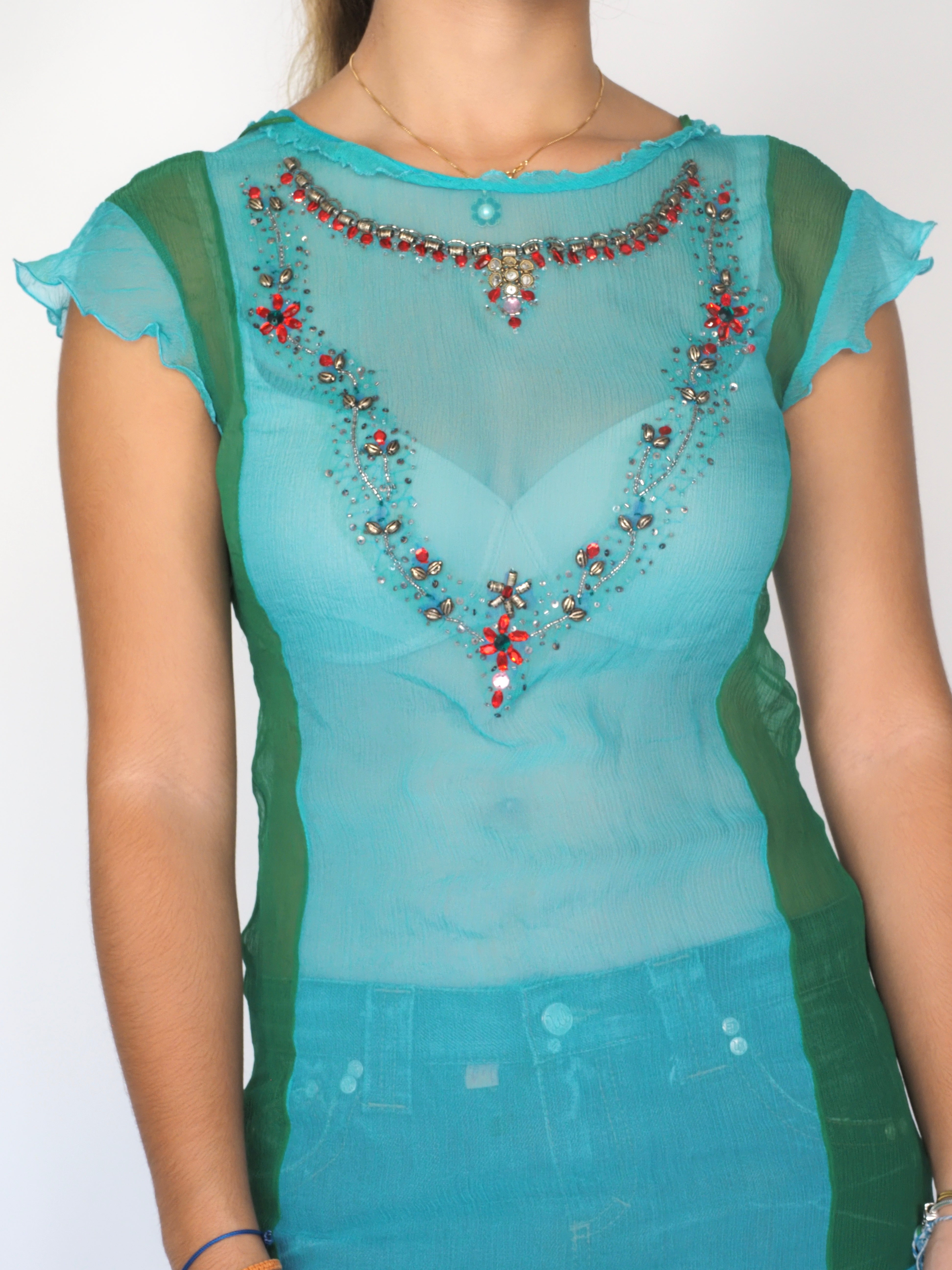 Sheer Green & Turquoise Embellished Mini Dress – Philosophy di Alberta Ferretti