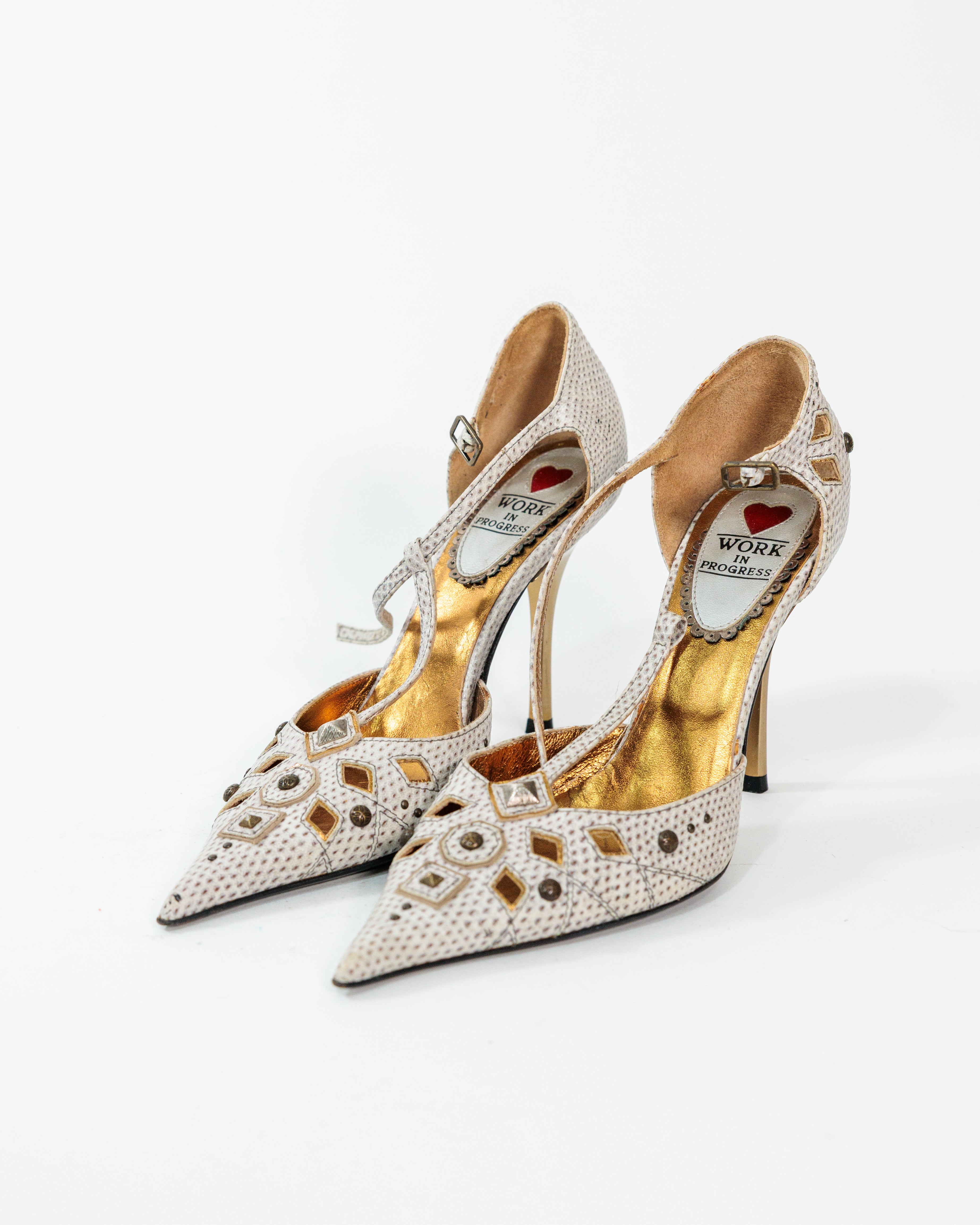 White Embellished T-Strap Heels - Work In Progress