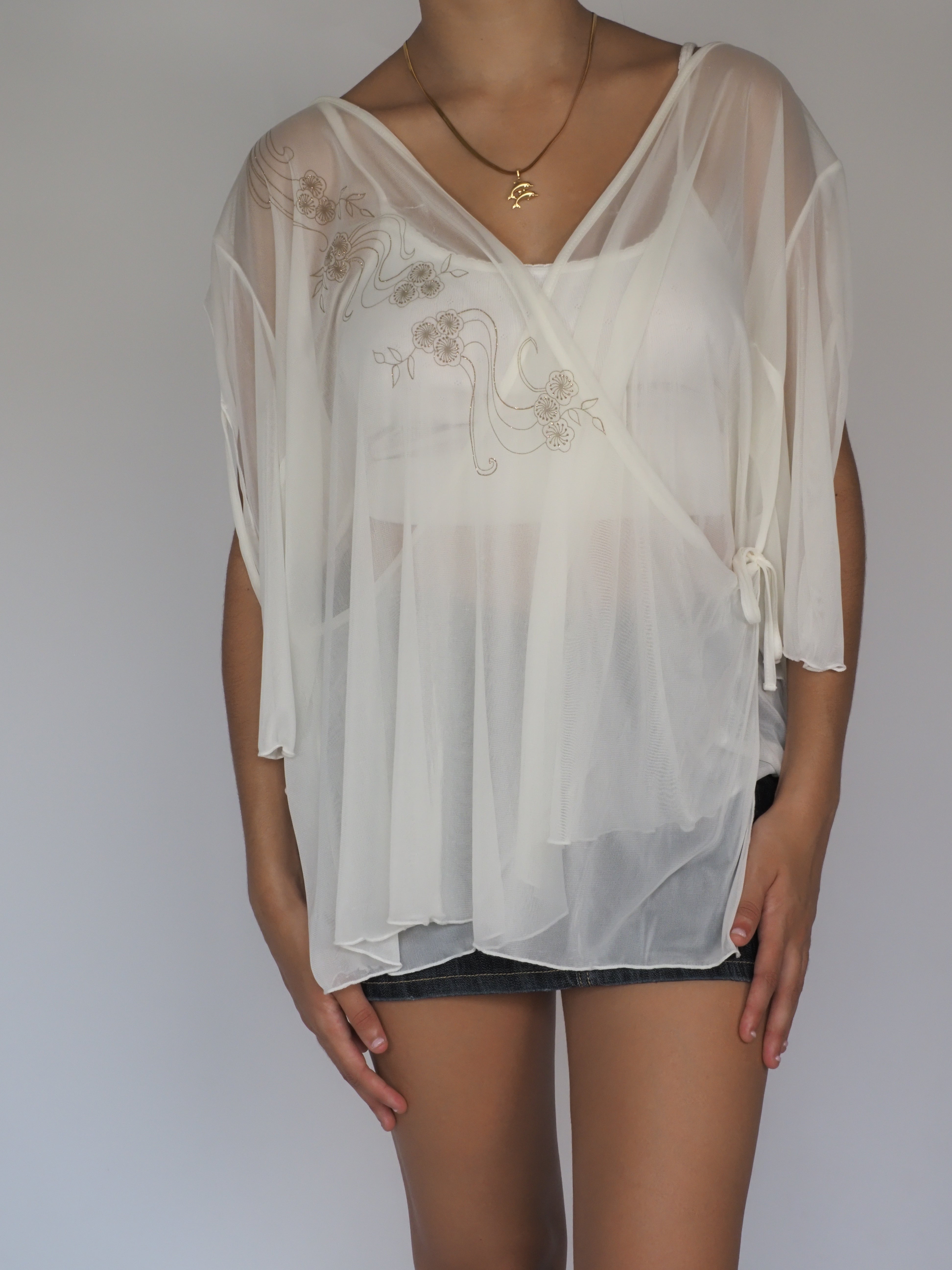 Sheer Embroidered Wrap Blouse in Ivory