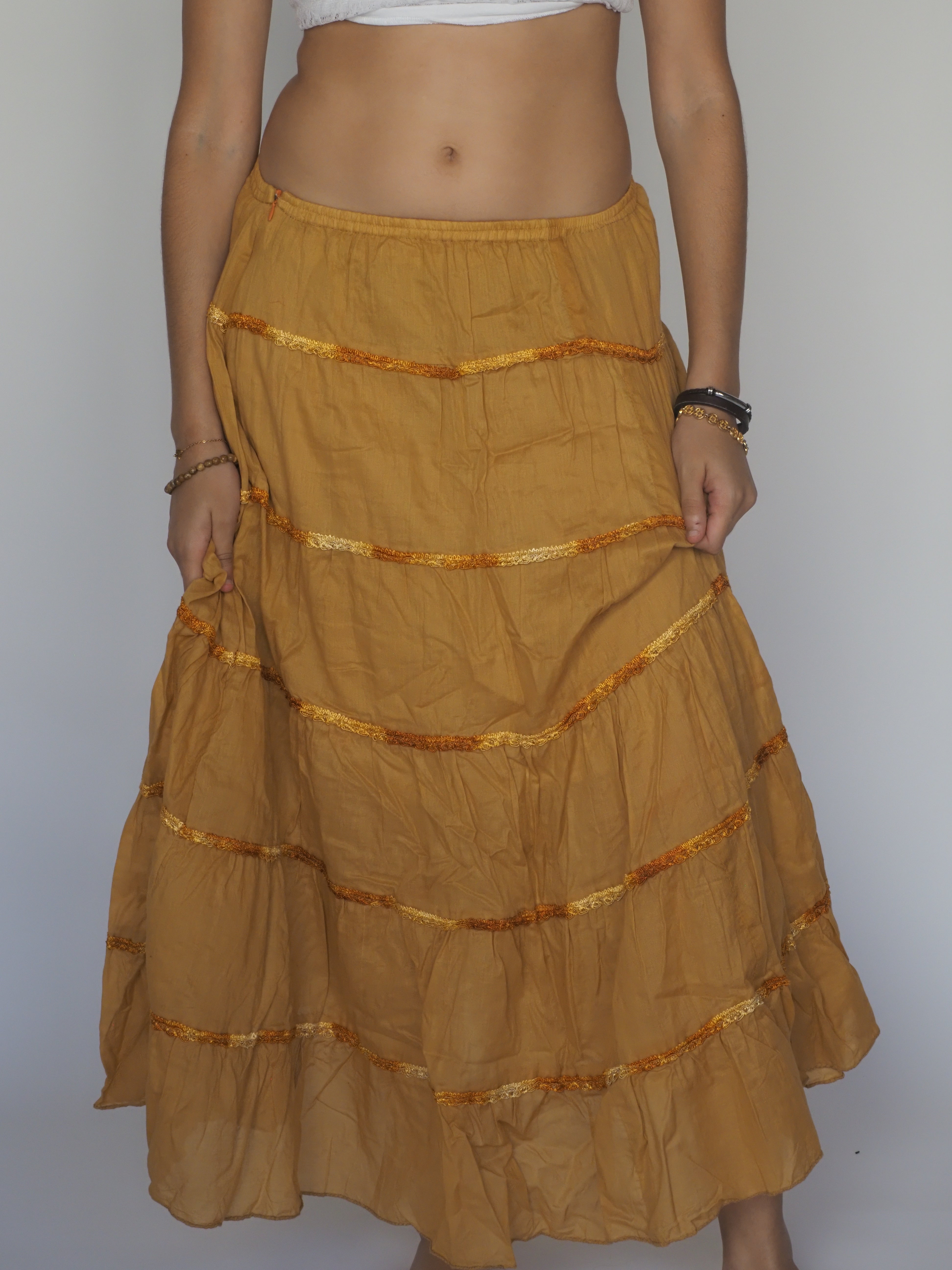Golden Embroidered Boho Tiered Maxi Skirt – Universal