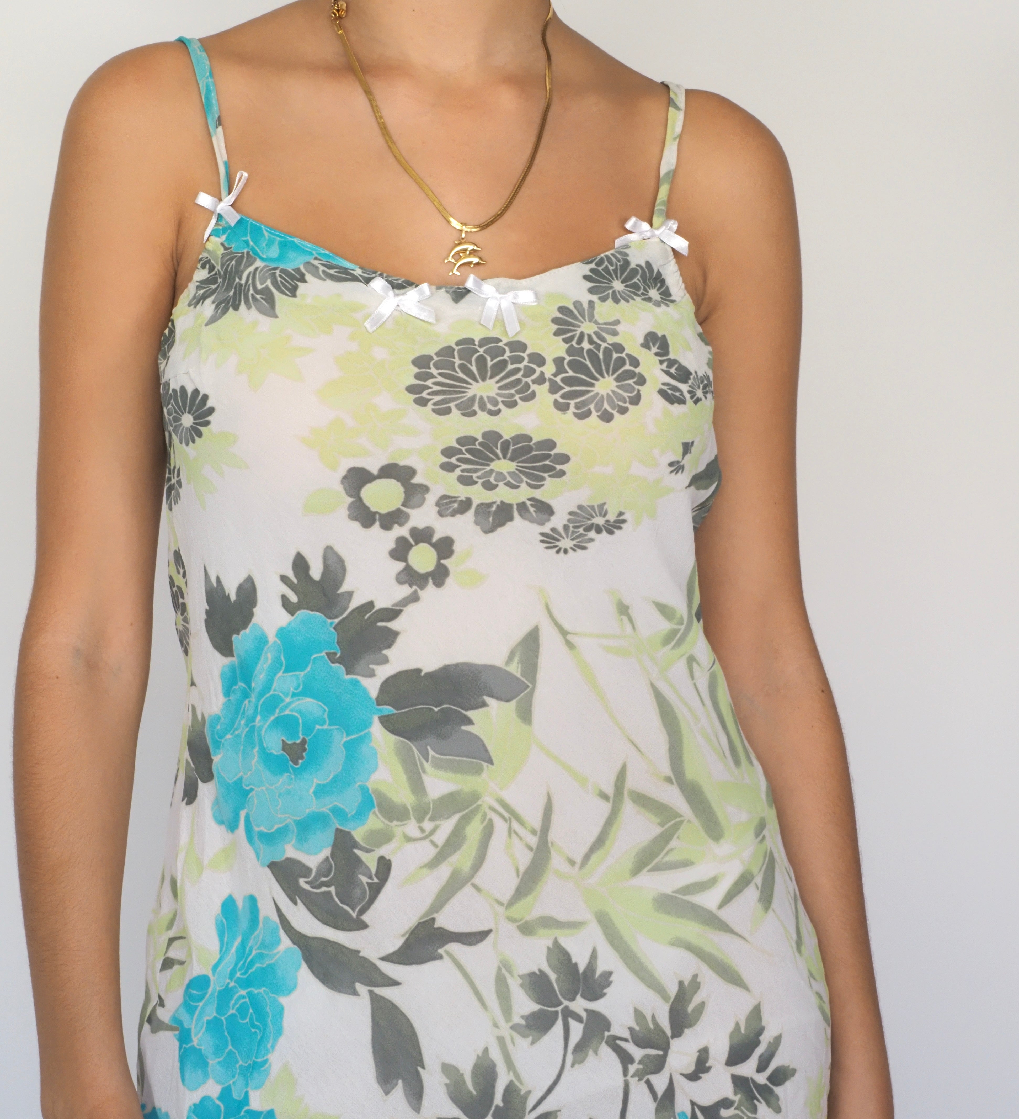 Y2K Asymmetrical Floral Slip Dress in White & Aqua