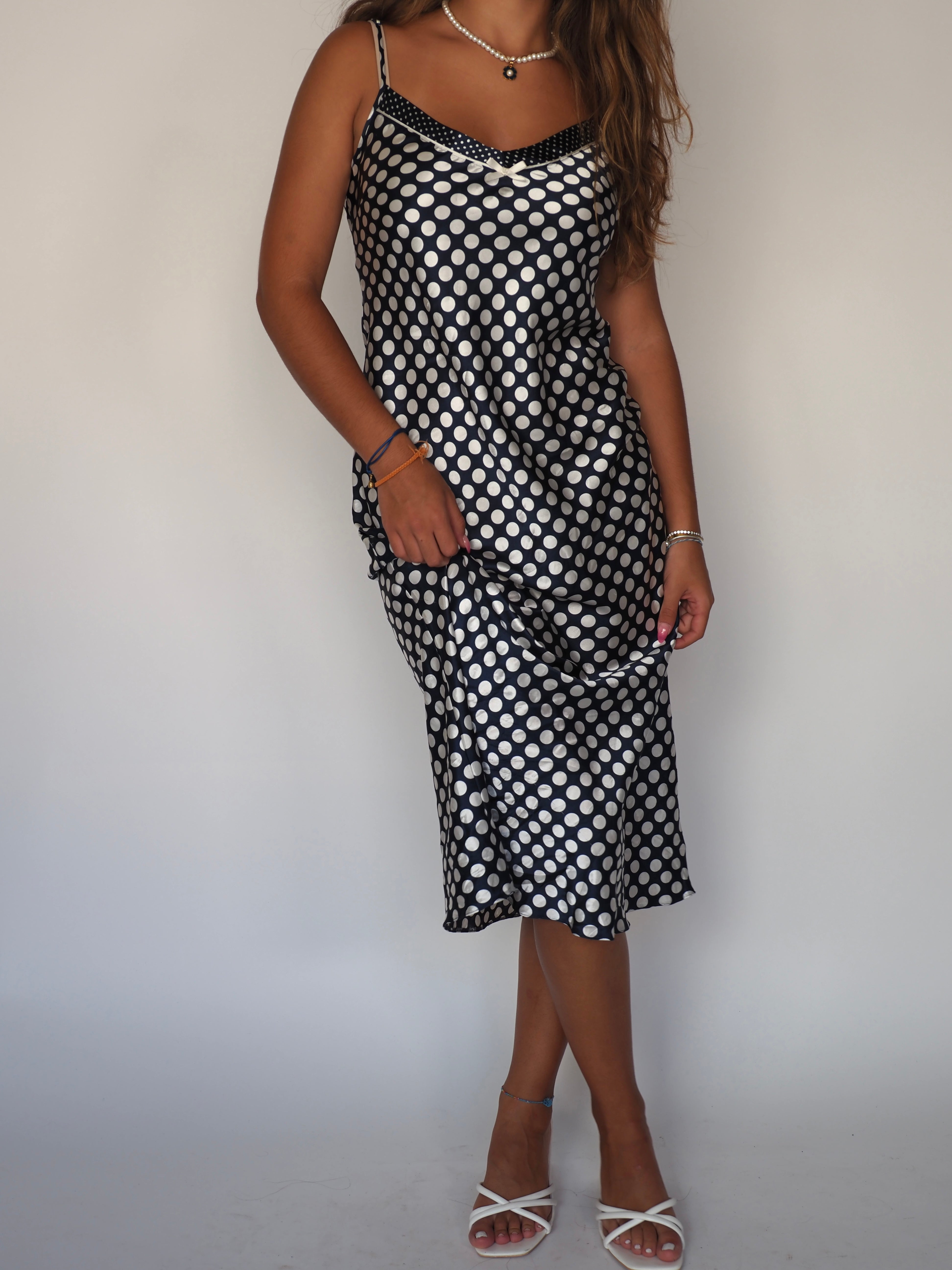 Marks & Spencer Navy Satin Polka Dot Slip Dress with Bow Detail