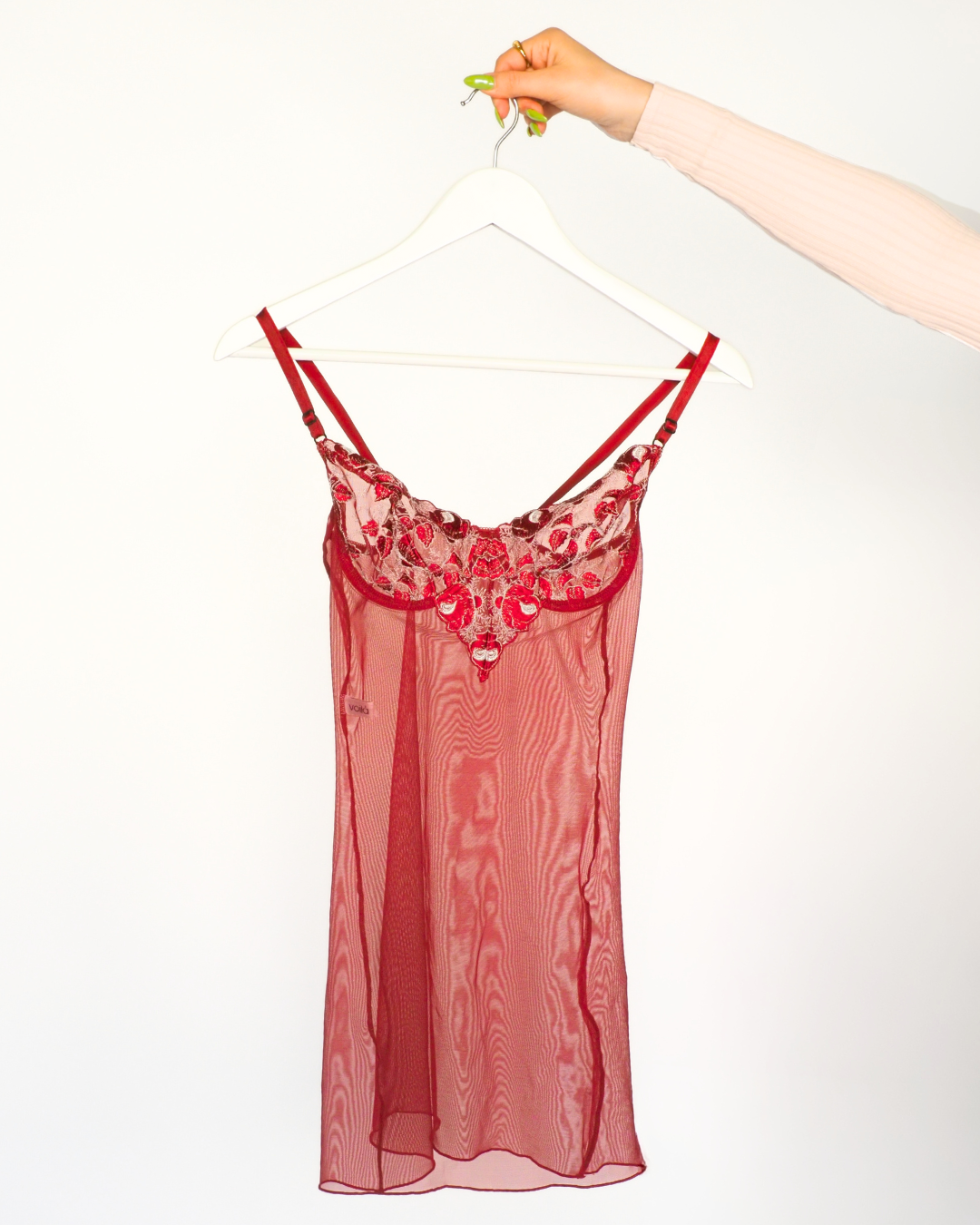Y2K Voila Red Sheer Lace Slip Dress