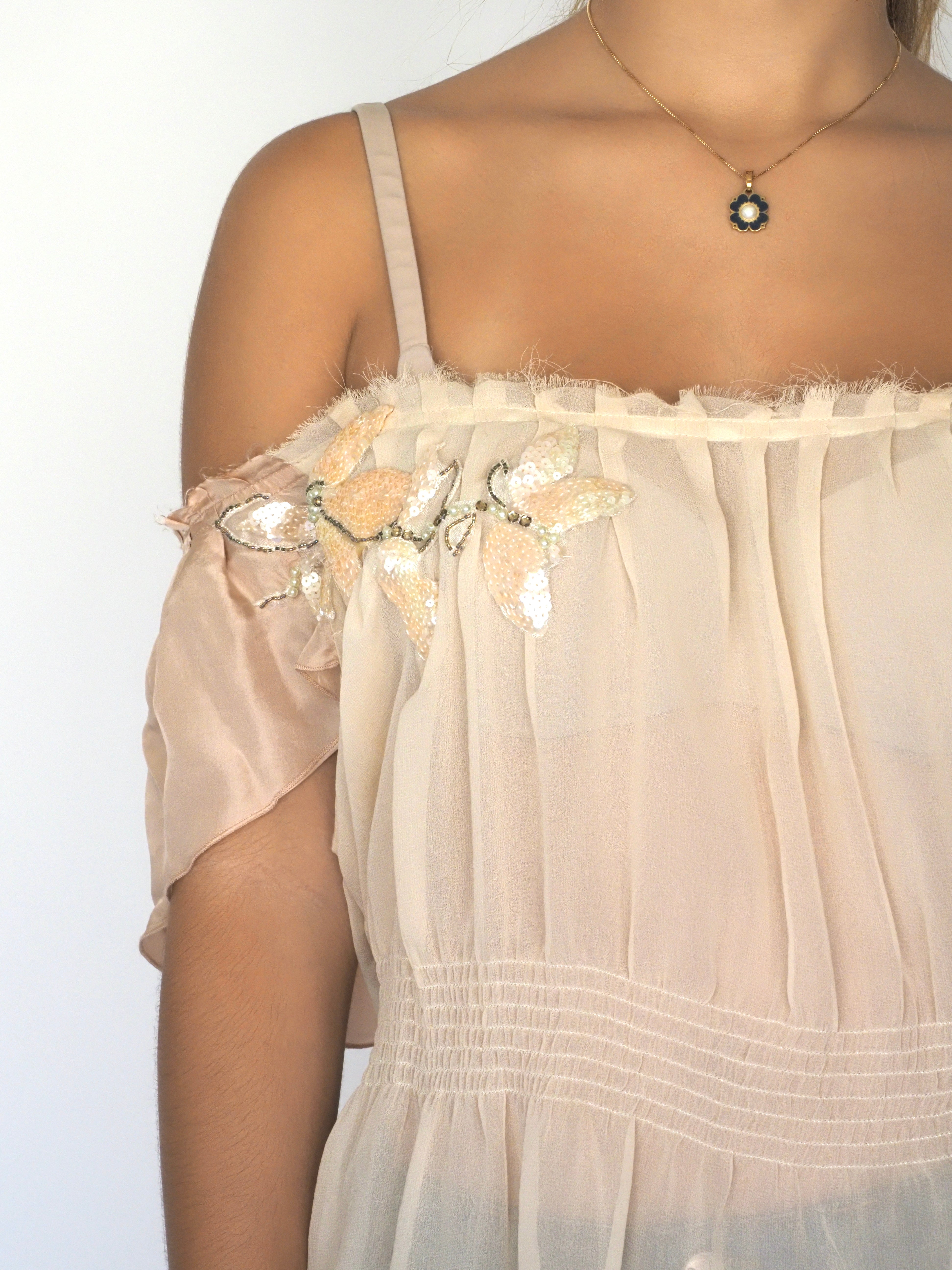 Vintage Y2K Miss Selfridge Blush Chiffon Off‑Shoulder Top with Sequin Butterfly