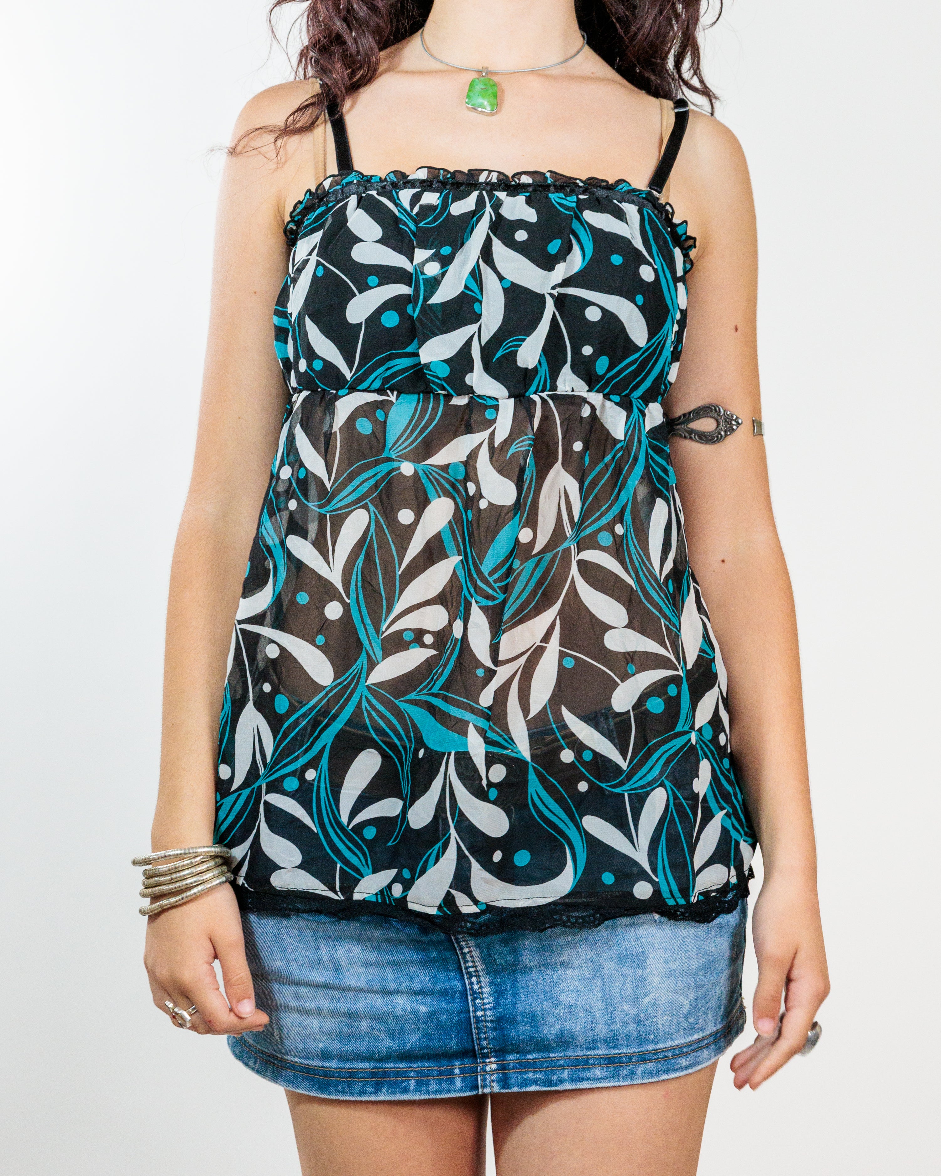 Black & Turquoise Floral Sheer Babydoll Top