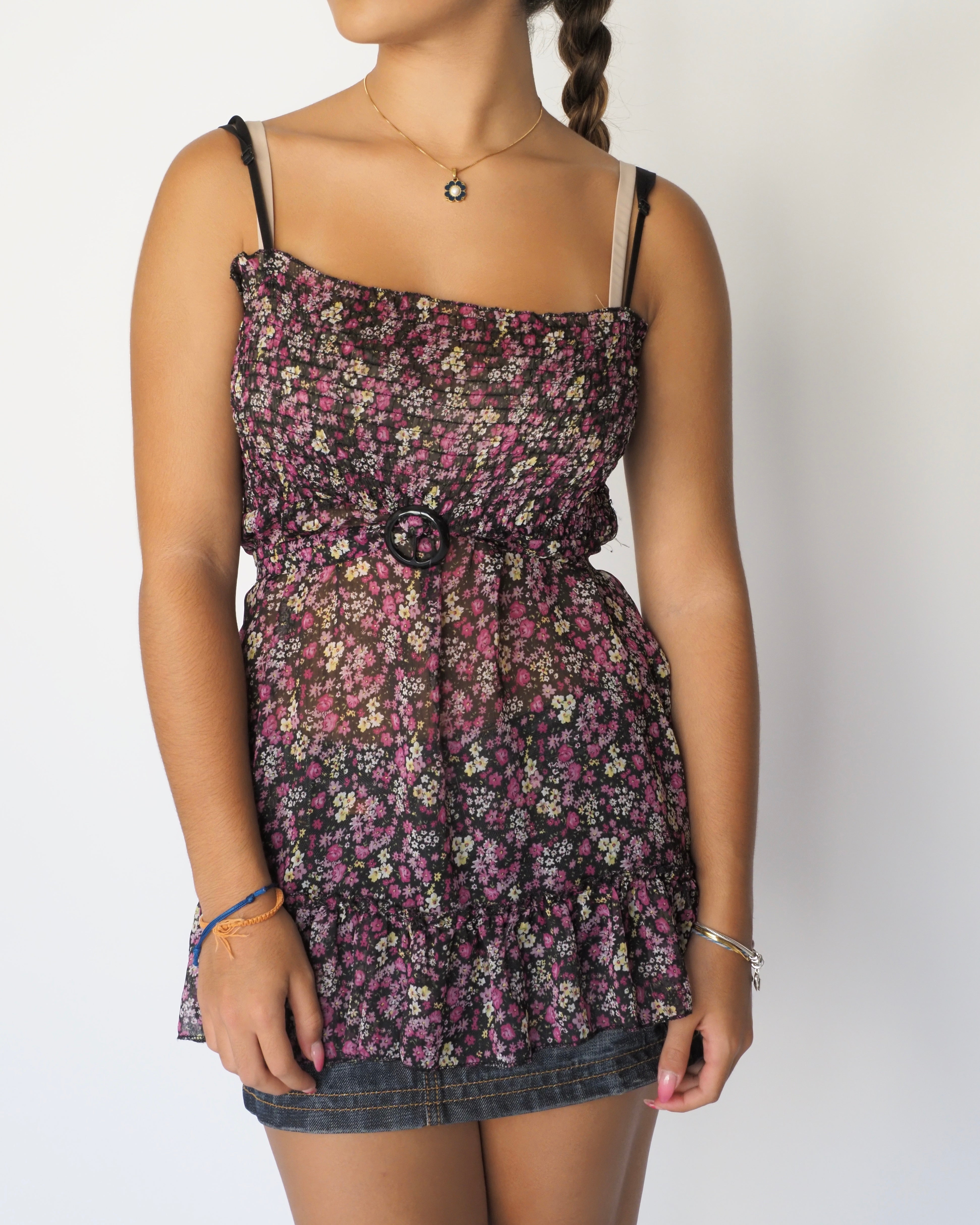 Moonlight Sheer Black Floral Mini Dress with Waist Buckle Detail