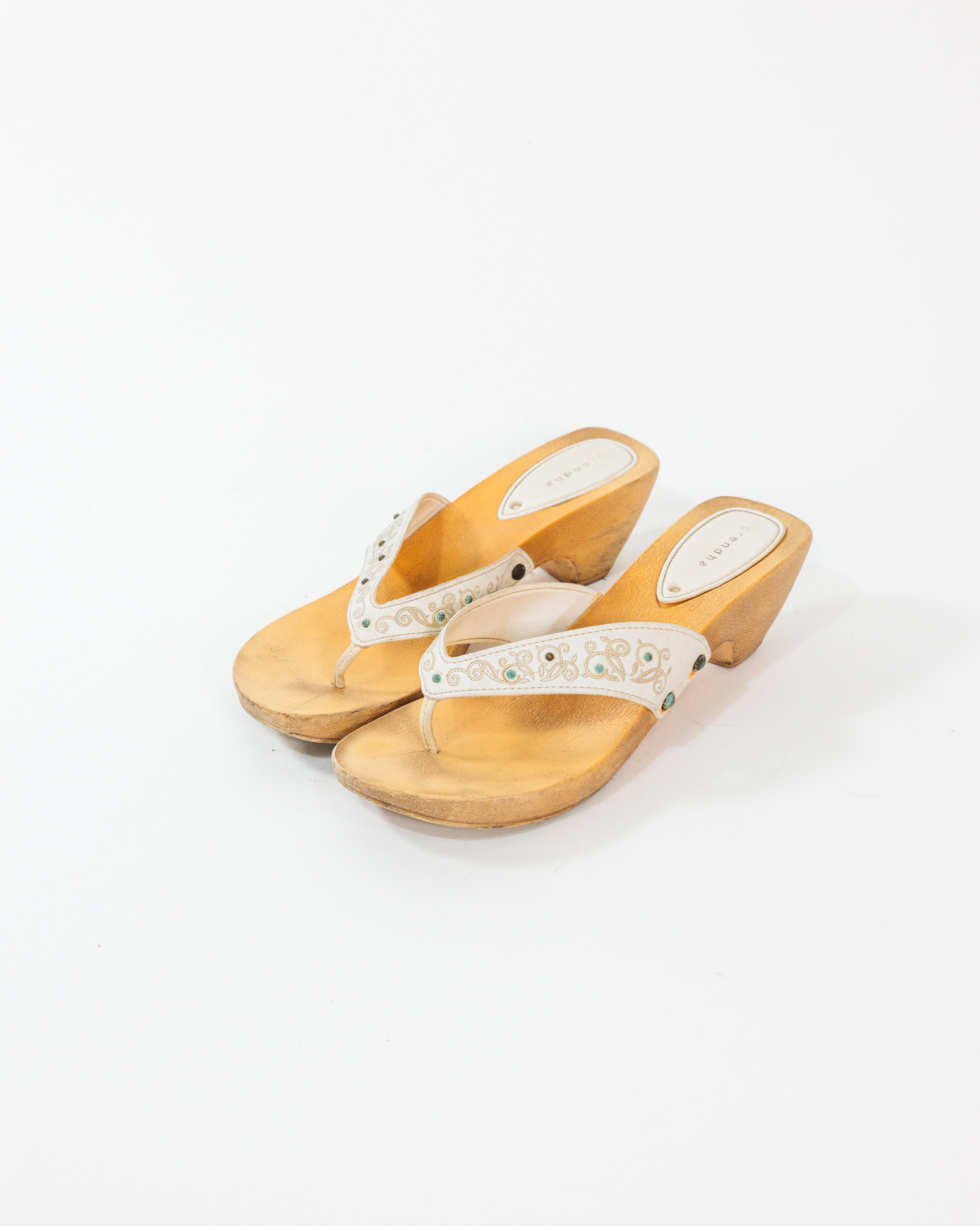 White Embroidered Wooden Wedge Sandals - Grendha