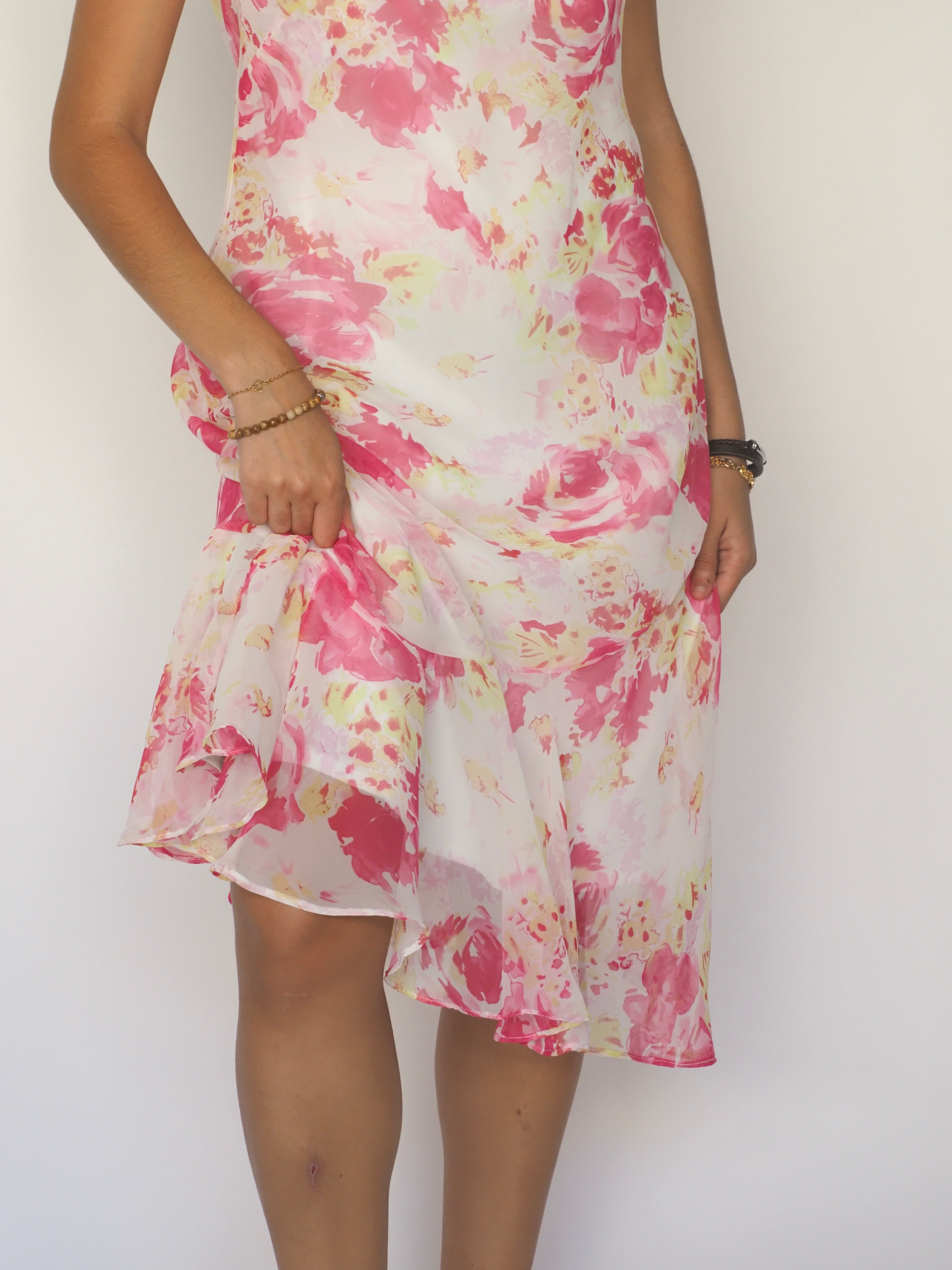 Pink & White Romantic Floral Asymmetric Midi Dress – Scarlett