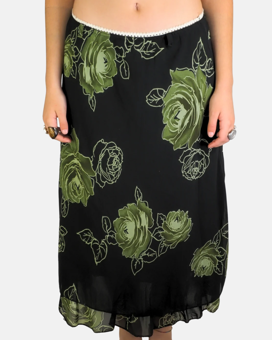 Black & Olive Rose Print Maxi Skirt