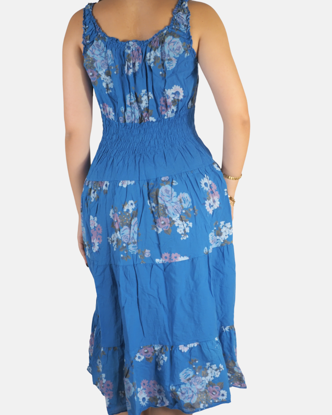 Y2K Bold Blue Floral Tired Shirred Midi Dress