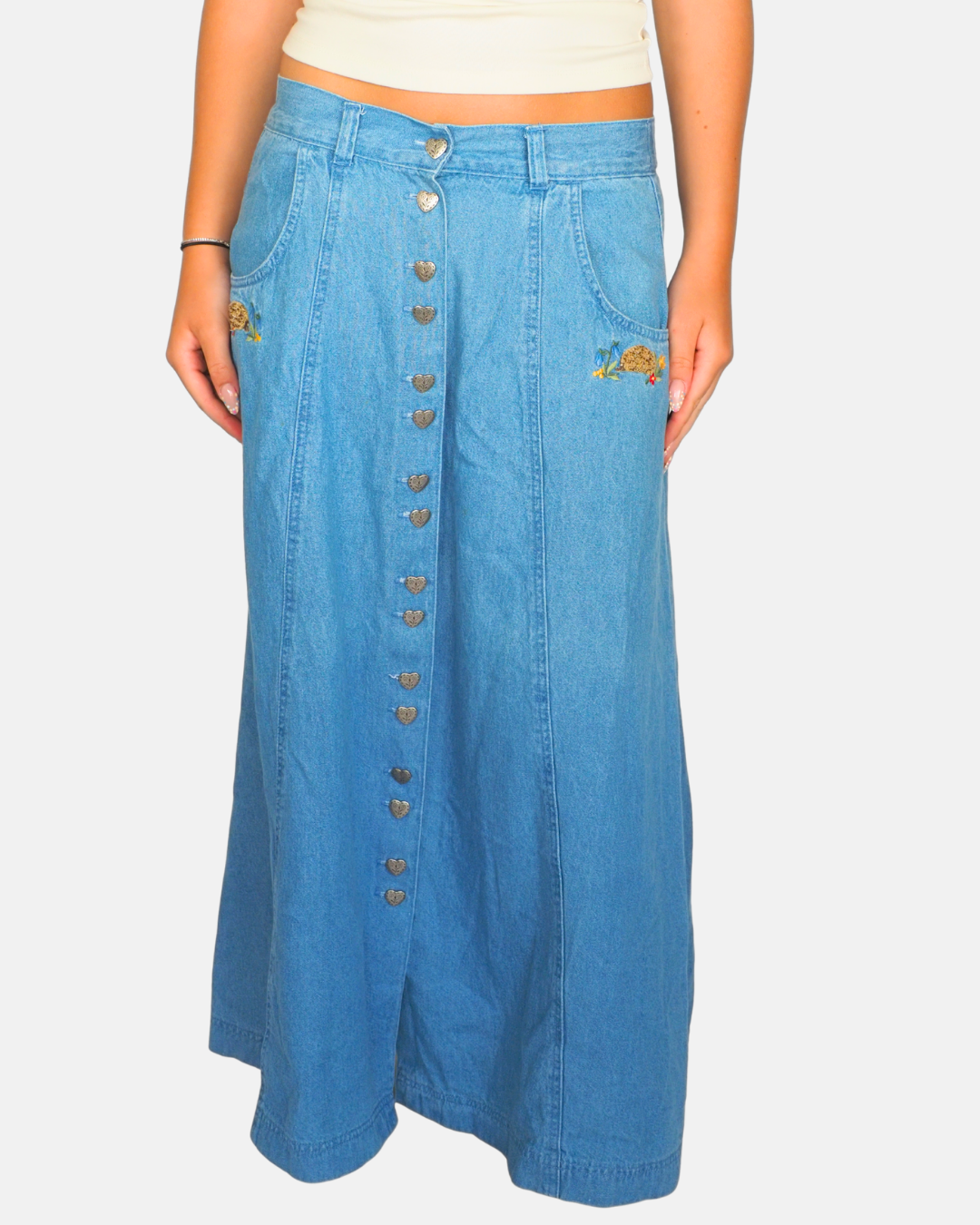 Heart Button Denim Maxi Skirt by Hammershmid
