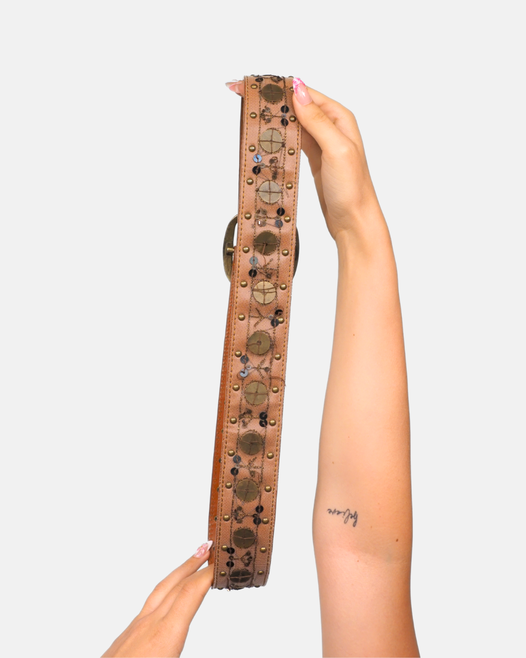 Tan Leather Mixed Stud Belt with Gold Buckle