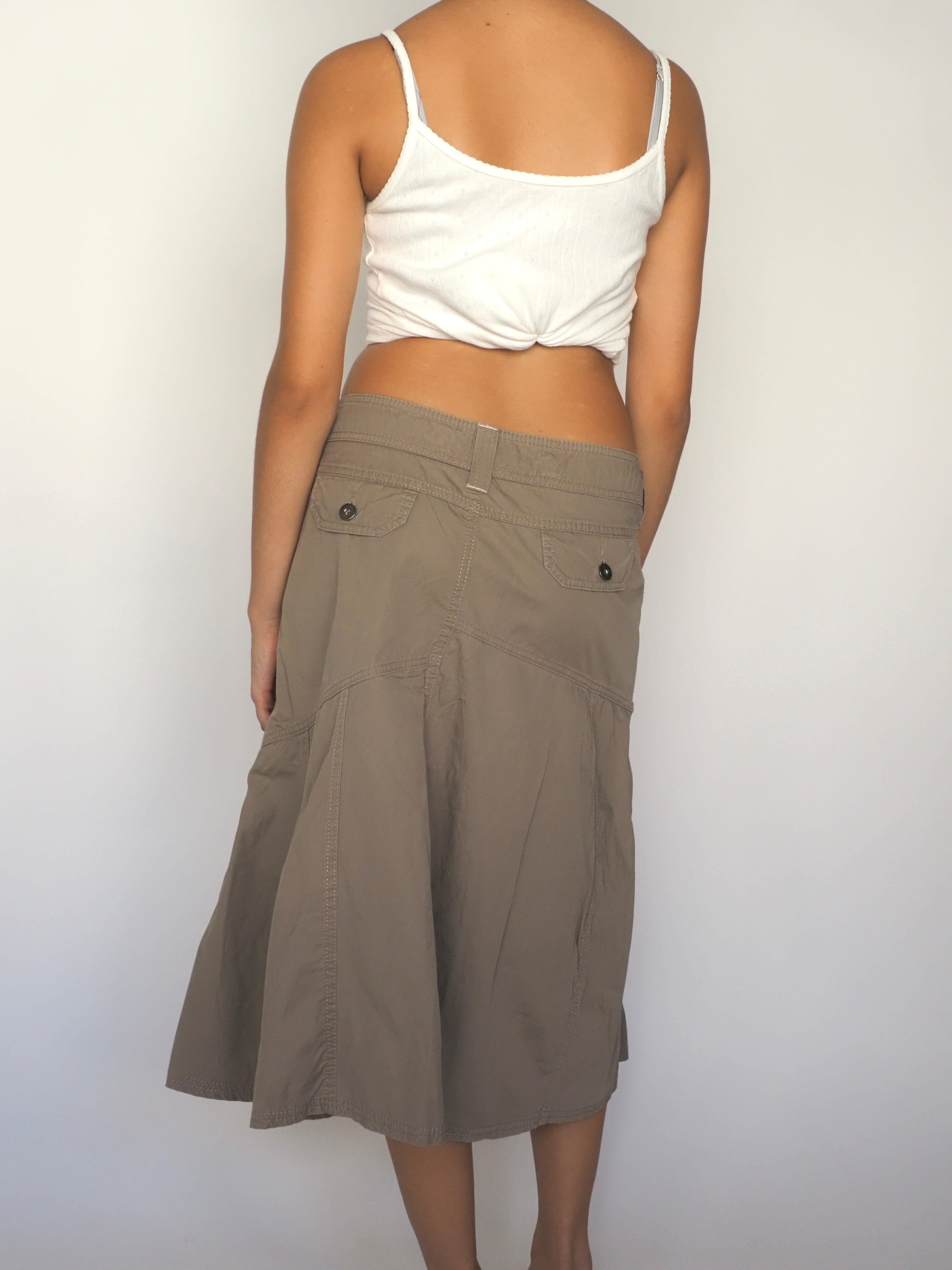 Y2K Khaki Cargo Midi Skirt with Phoenix Embroidery – Authentic Cargos
