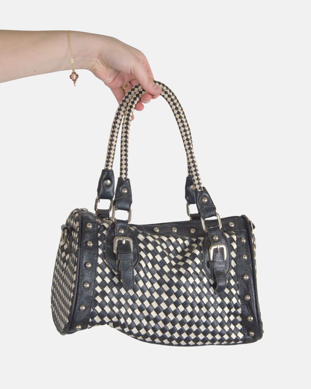 Woven Studded Barrel Satchel