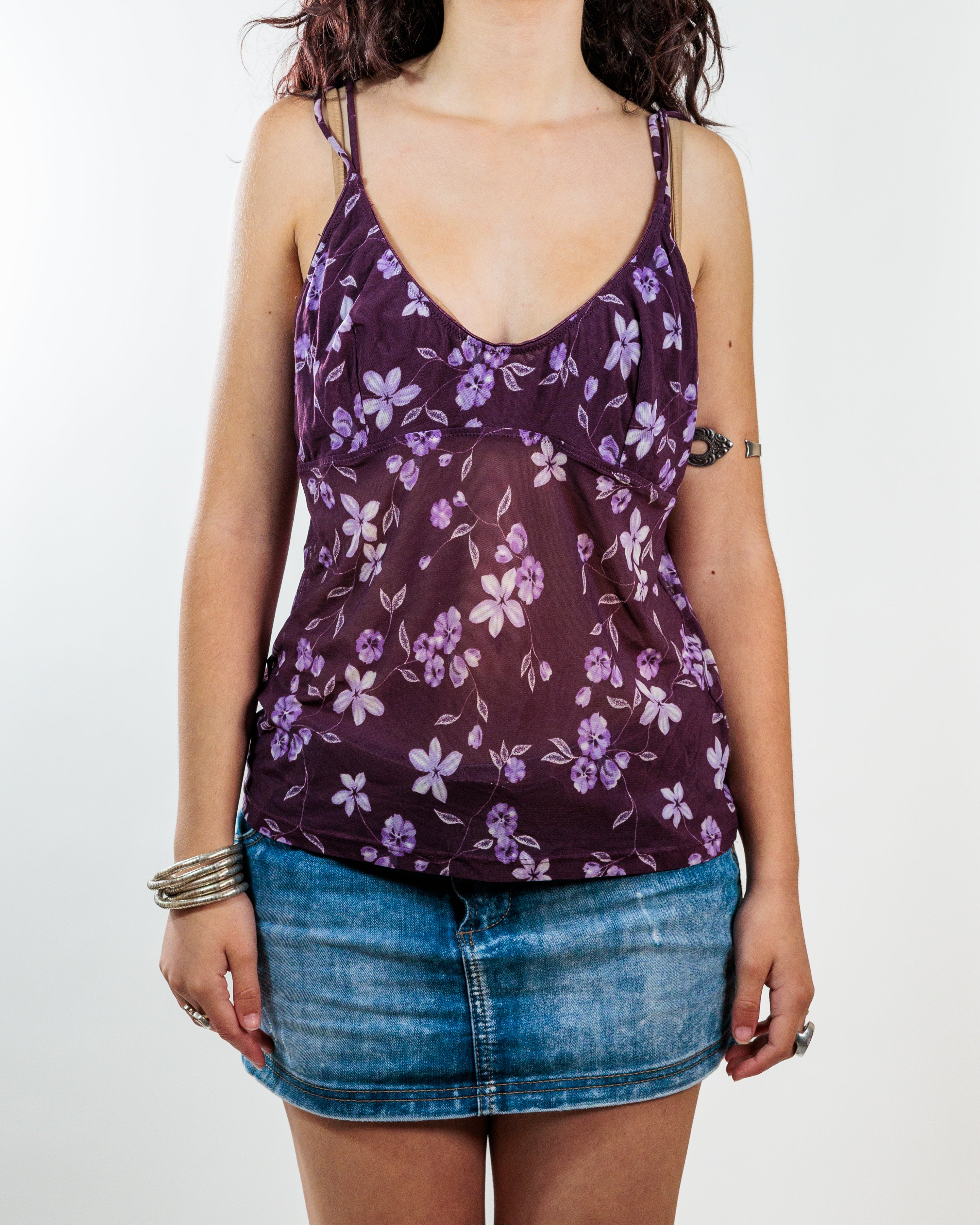TCM Y2K Purple Floral Sheer Mesh Camisole Top
