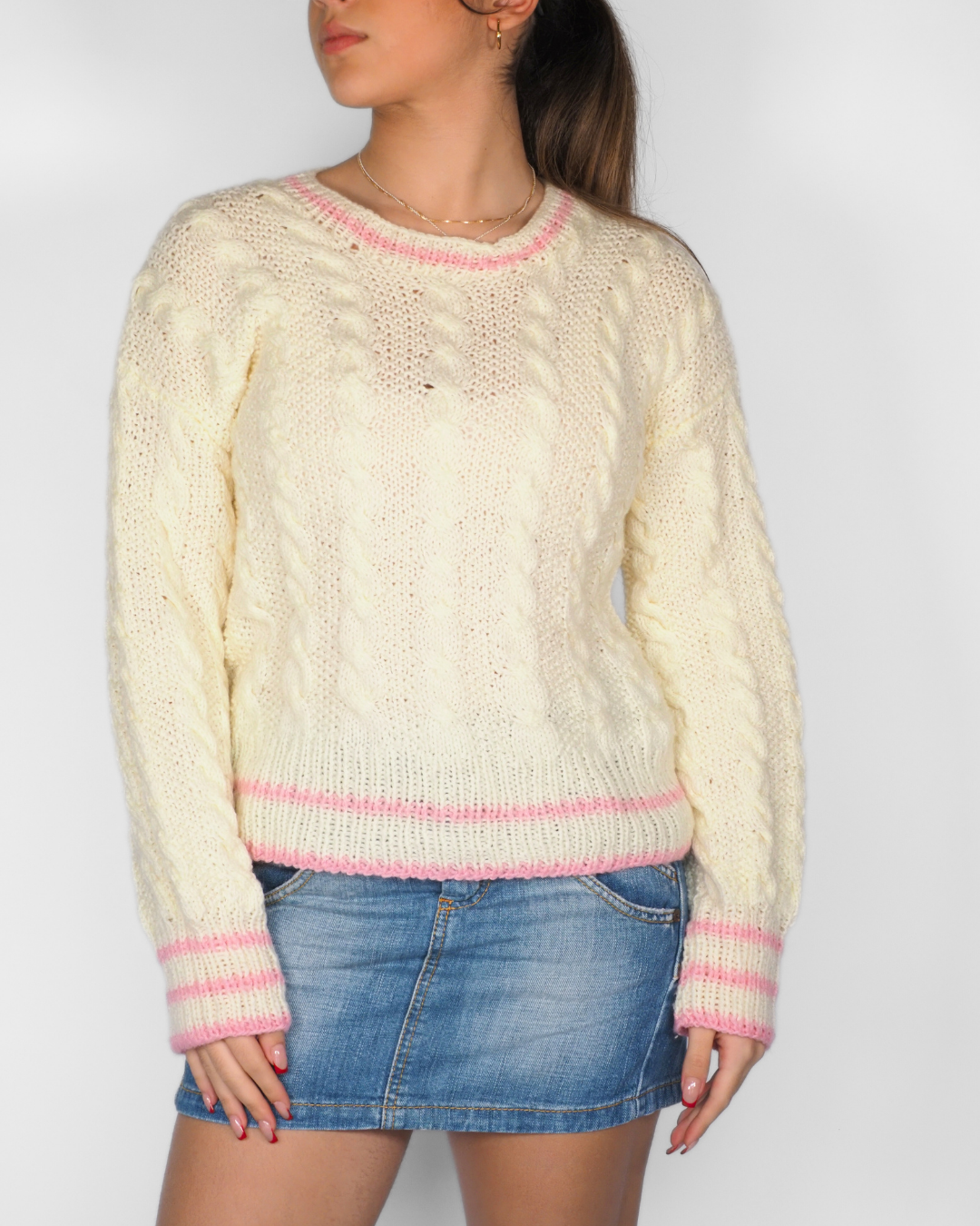 Cream Cable Knit Jumper with Pink Trim