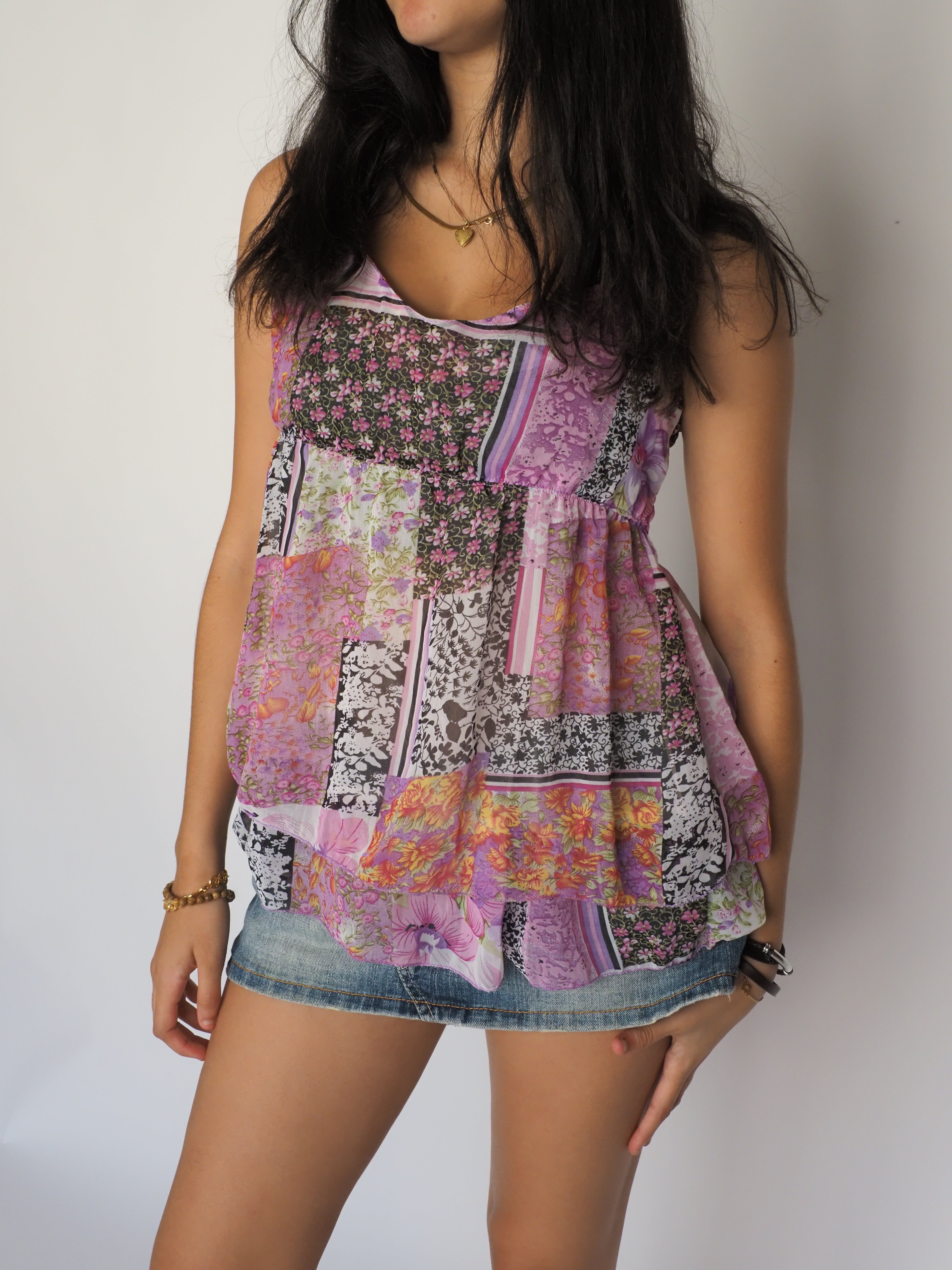 Vintage Boho Patchwork Chiffon Babydoll Top in Purples & Pinks – Green